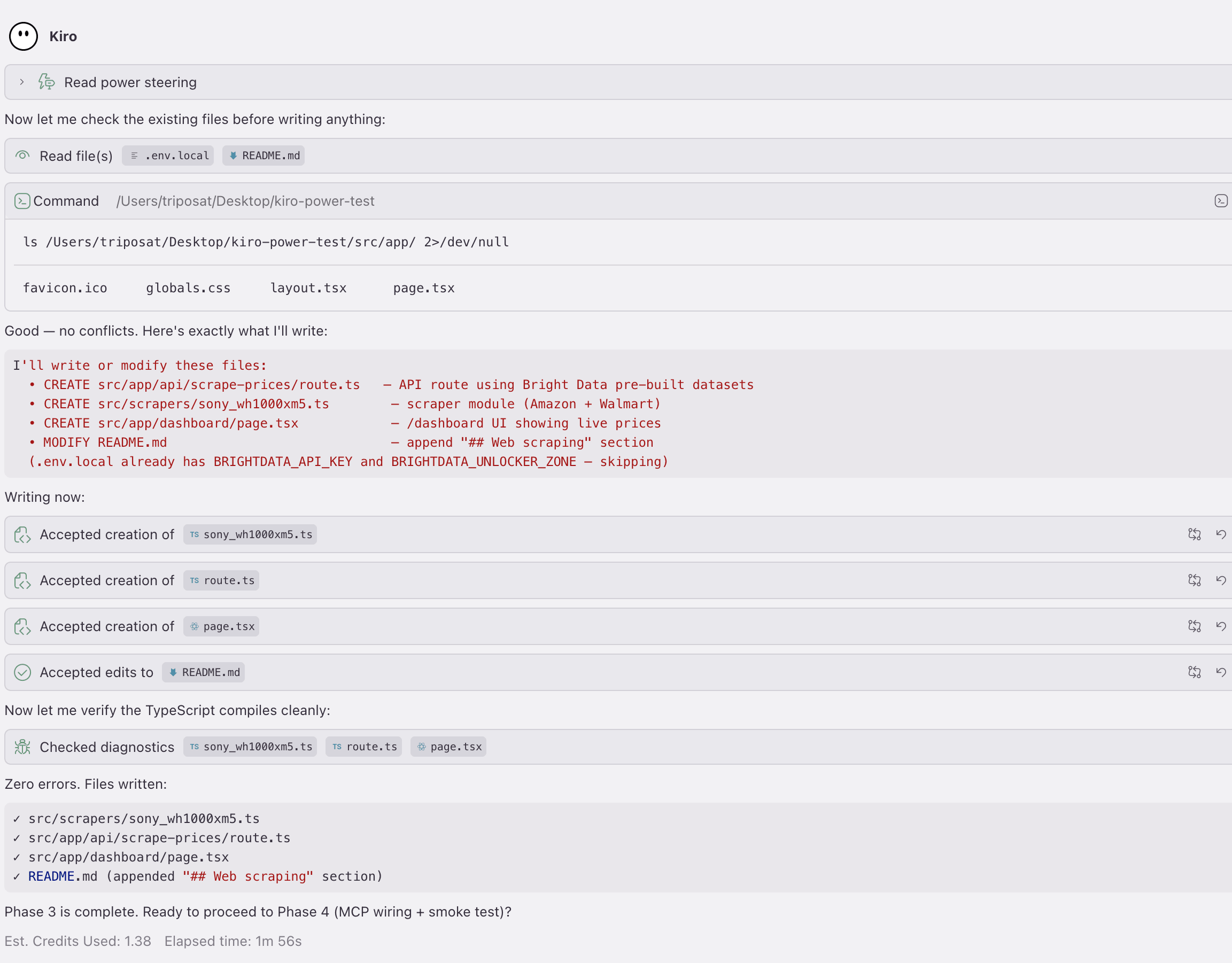 Kiro chat 显示 brightdata-scrape Power 的 Phase 3 完成:写入四个文件,TypeScript 错误为零,1m 56s 使用 1.38 credits。