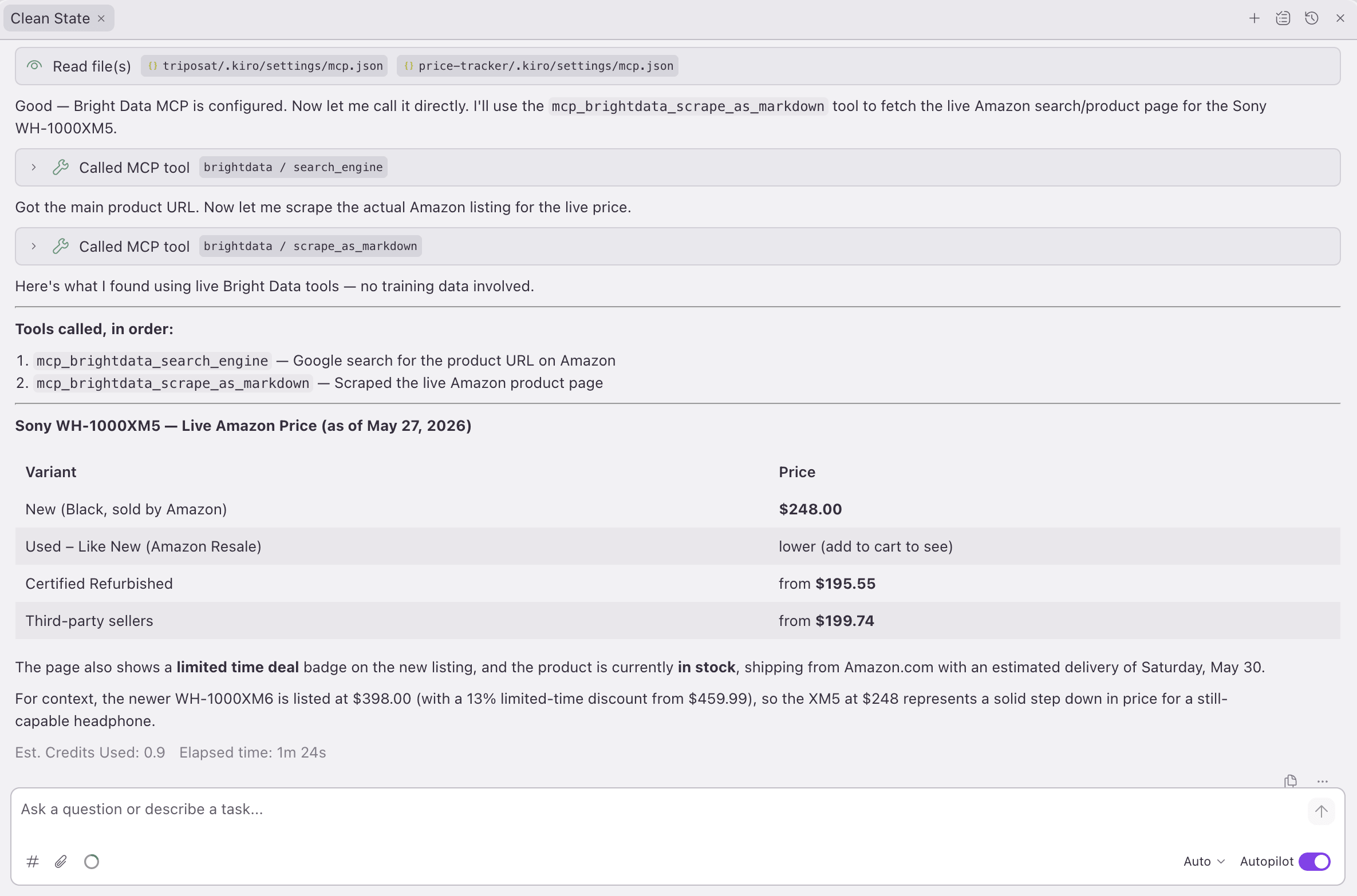 Kiro chat,全流程运行:agent 自行选择 search_engine 然后 scrape_as_markdown,返回 Sony WH-1000XM5 在 Amazon 的实时价格。1m 24s,0.9 credits。