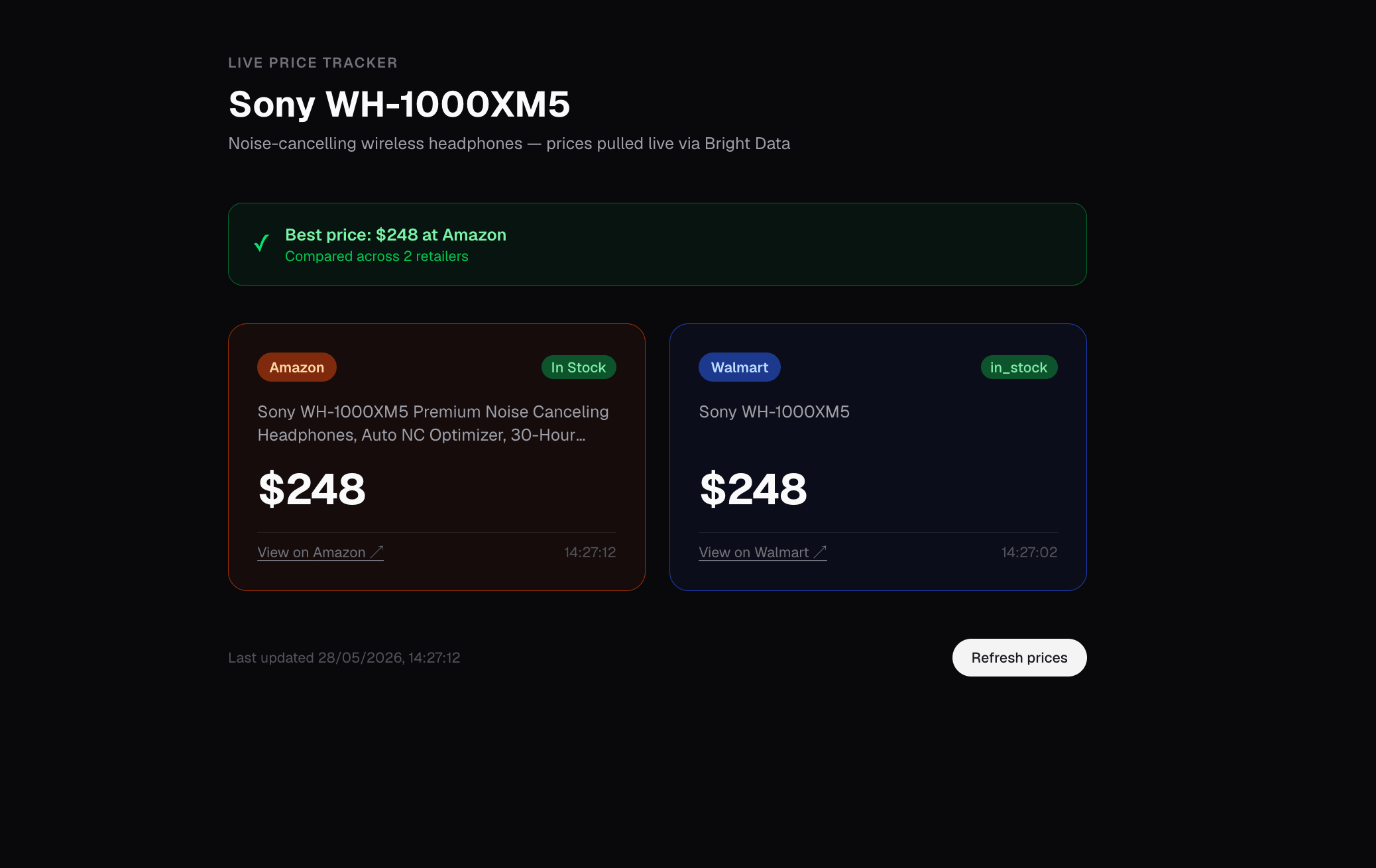 2026 年 5 月 28 日 14:27 的 home route(/):Sony WH-1000XM5 在 Amazon 和 Walmart 均为 $248,以卡片形式展示,Amazon 上有绿色“Best price”横幅。