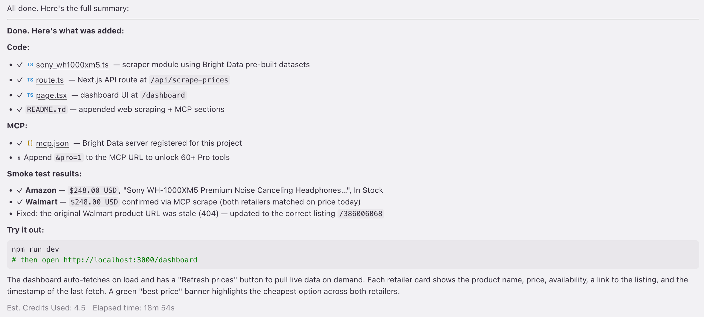Kiro Phase 4 总结显示自愈恢复:确认 Amazon 为 $248,检测到过期的 Walmart URL 并通过 MCP scrape 修补。4.5 credits,18m 54s。