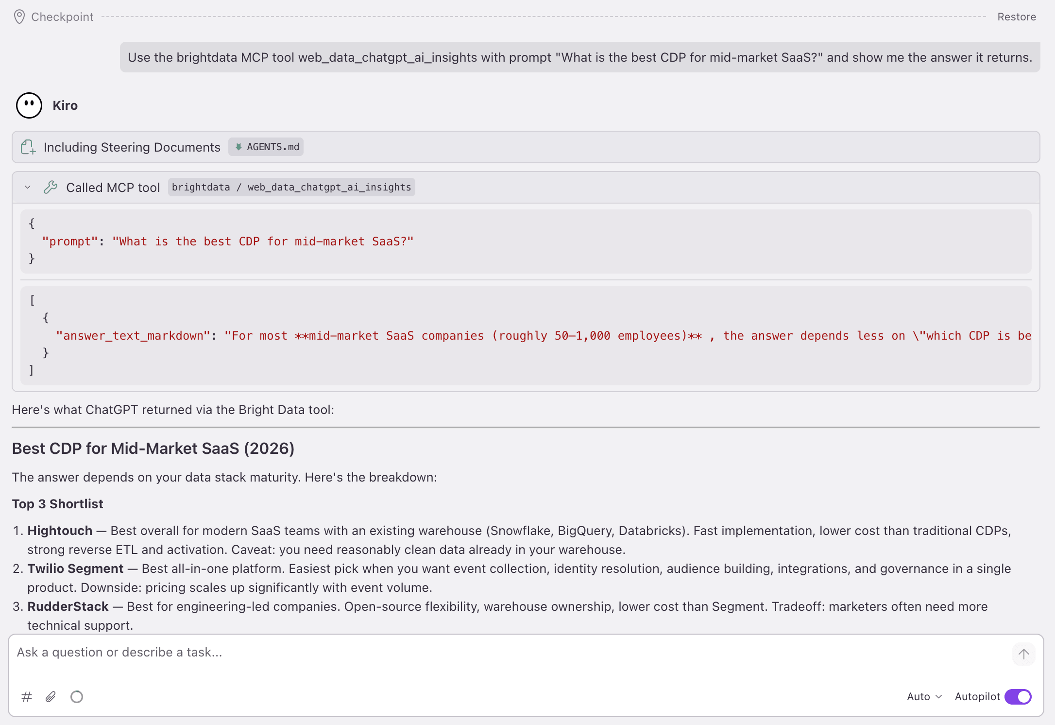 Kiro 运行 web_data_chatgpt_ai_insights:输入一个 <code>prompt</code>,输出一个 <code>answer_text_markdown</code>;答案对 Hightouch、Twilio Segment、RudderStack 进行排名。