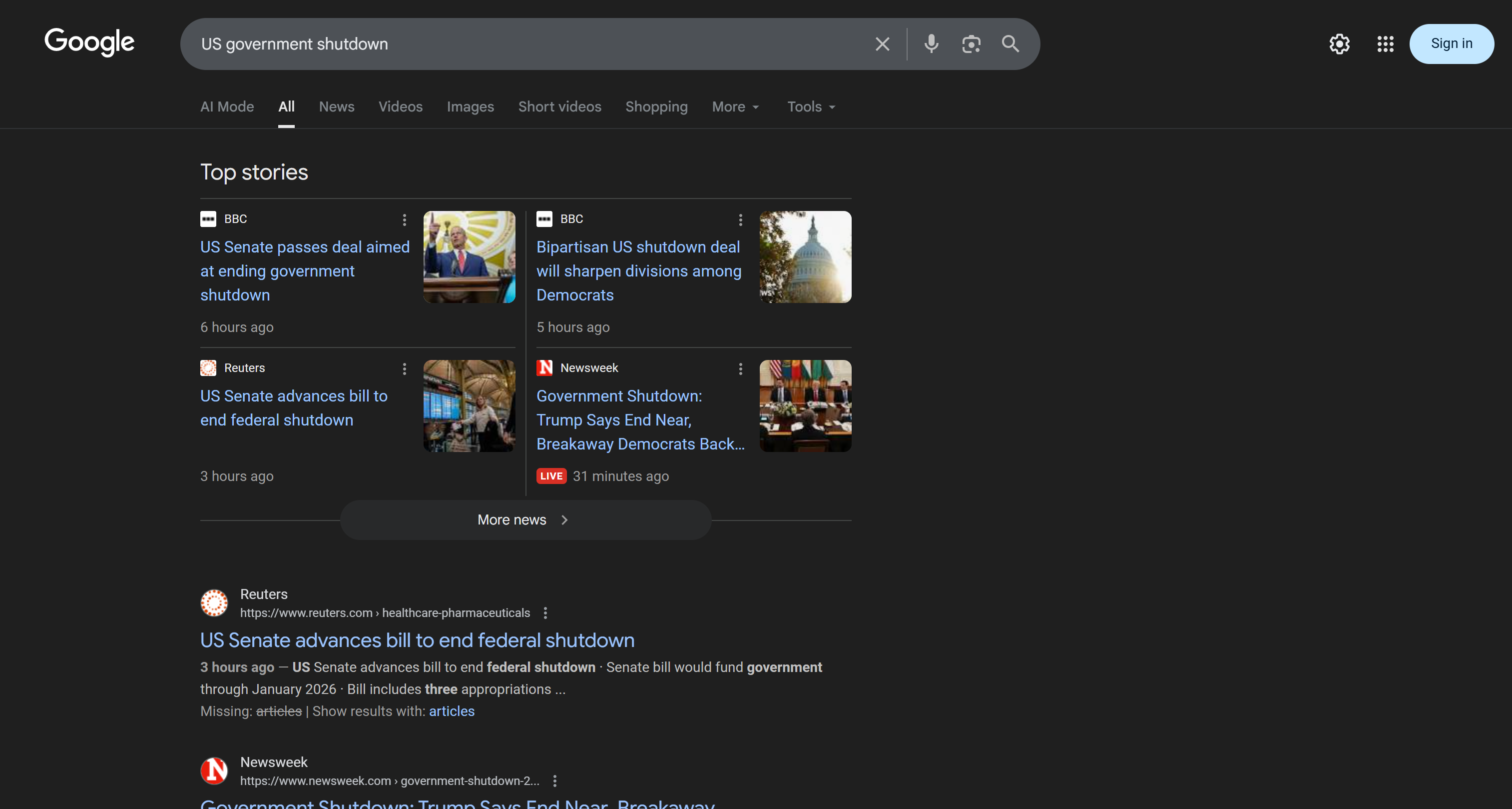 “US government shutdown”搜索查询的 SERP