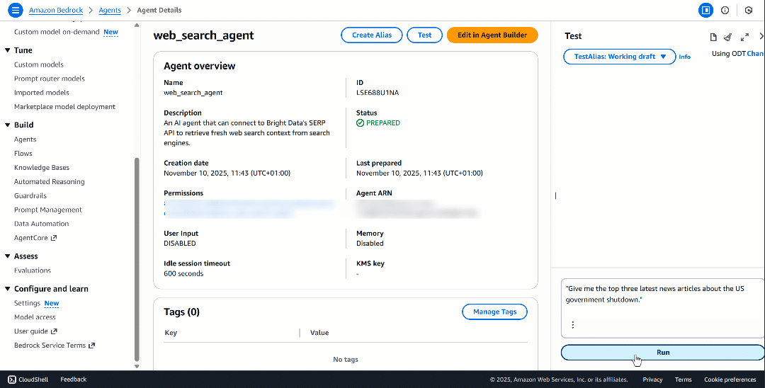 在 AWS Amazon Bedrock 控制台中运行提示