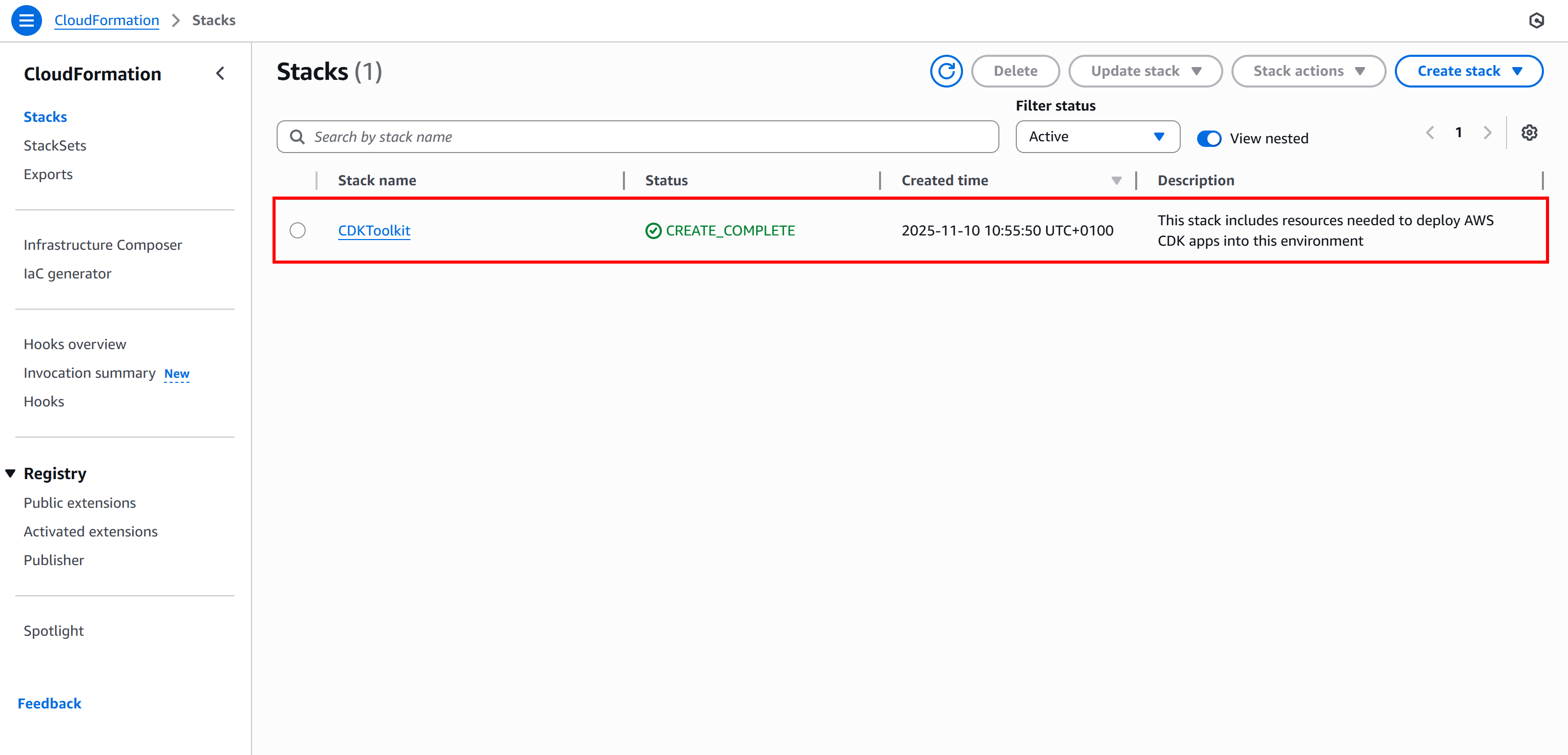 在 CloudFormation 中注意“CDKToolkit”stack