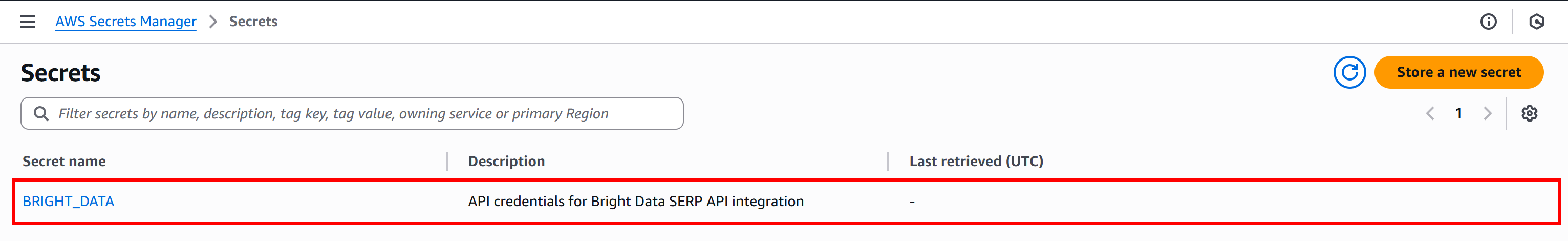 在 AWS Secrets Manager 中注意“BRIGHT_DATA”secret