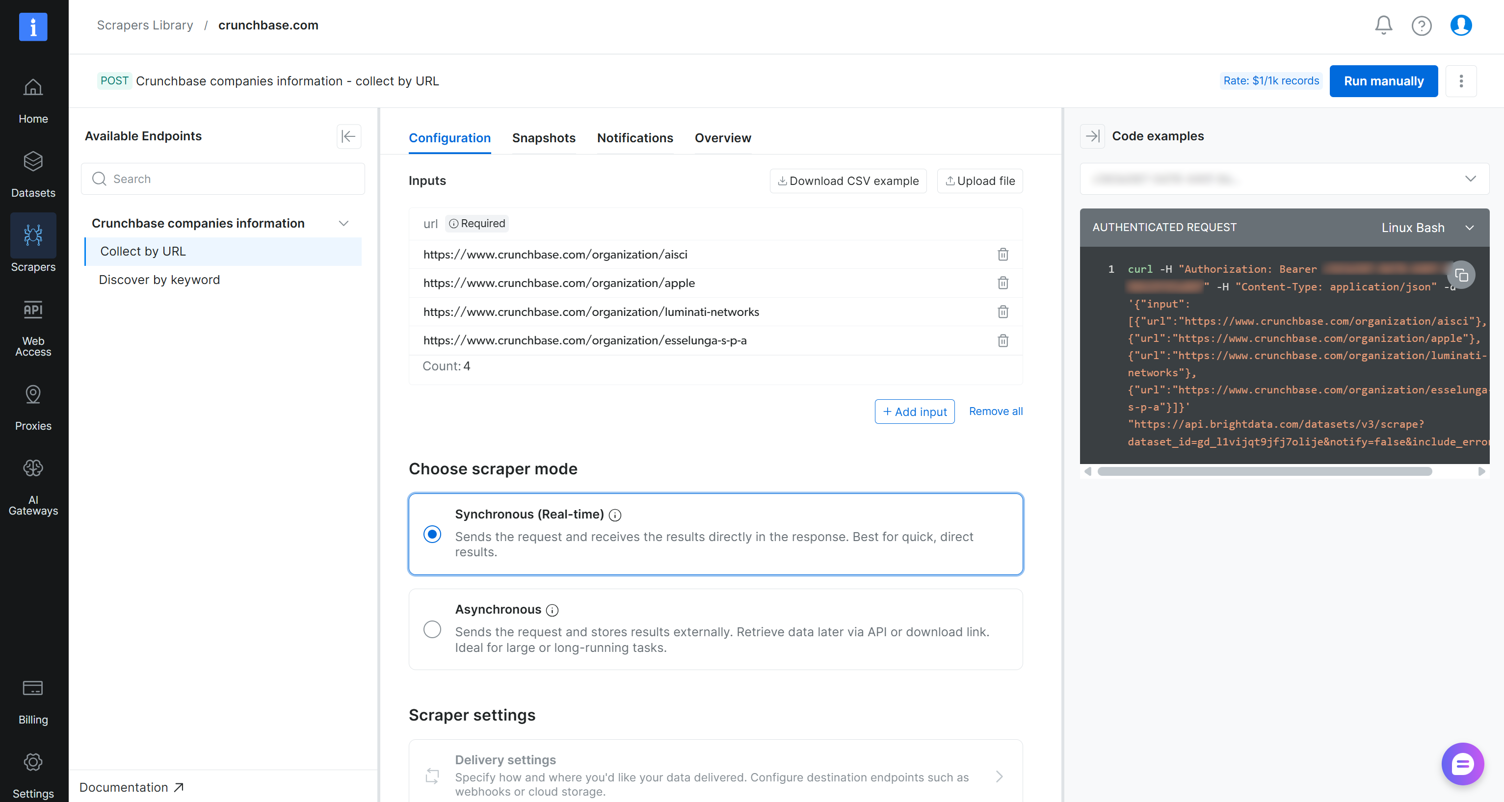 Bright Data 控制面板中的 Crunchbase 抓取工具 API 页面