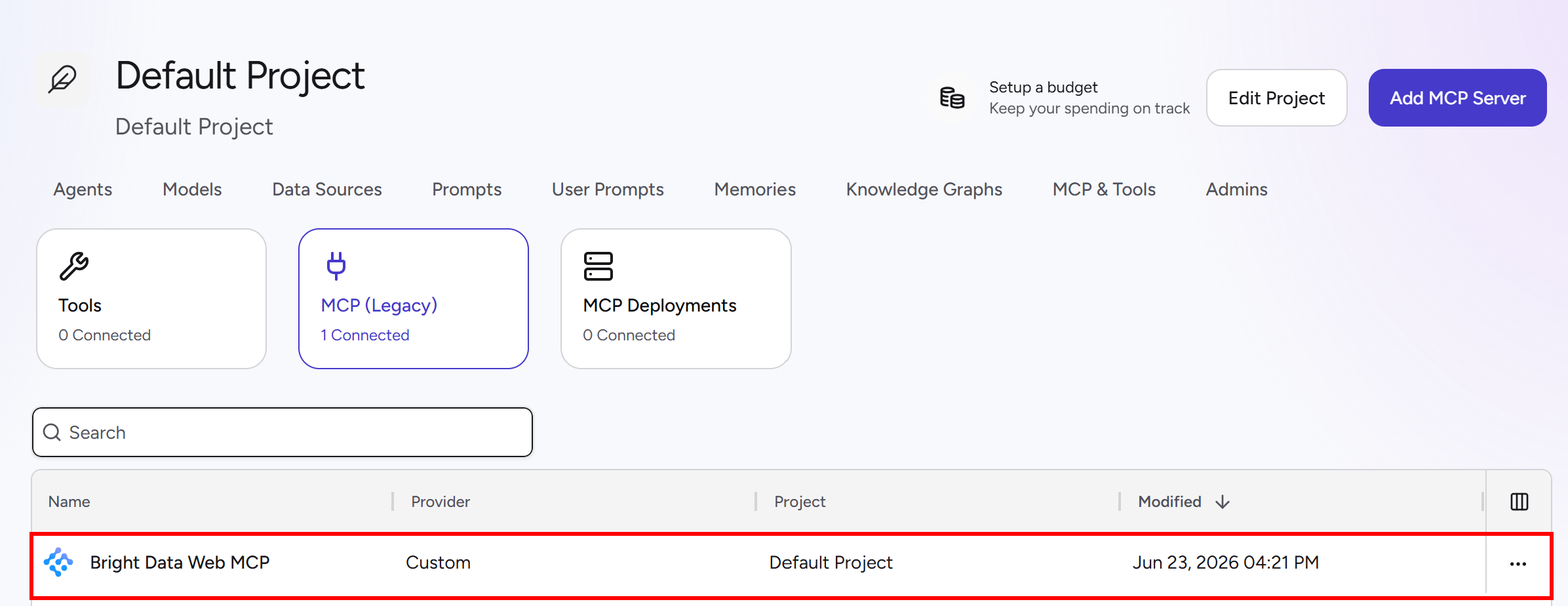注意 “MCP (Legacy)” 部分中的 “Bright Data Web MCP” 条目