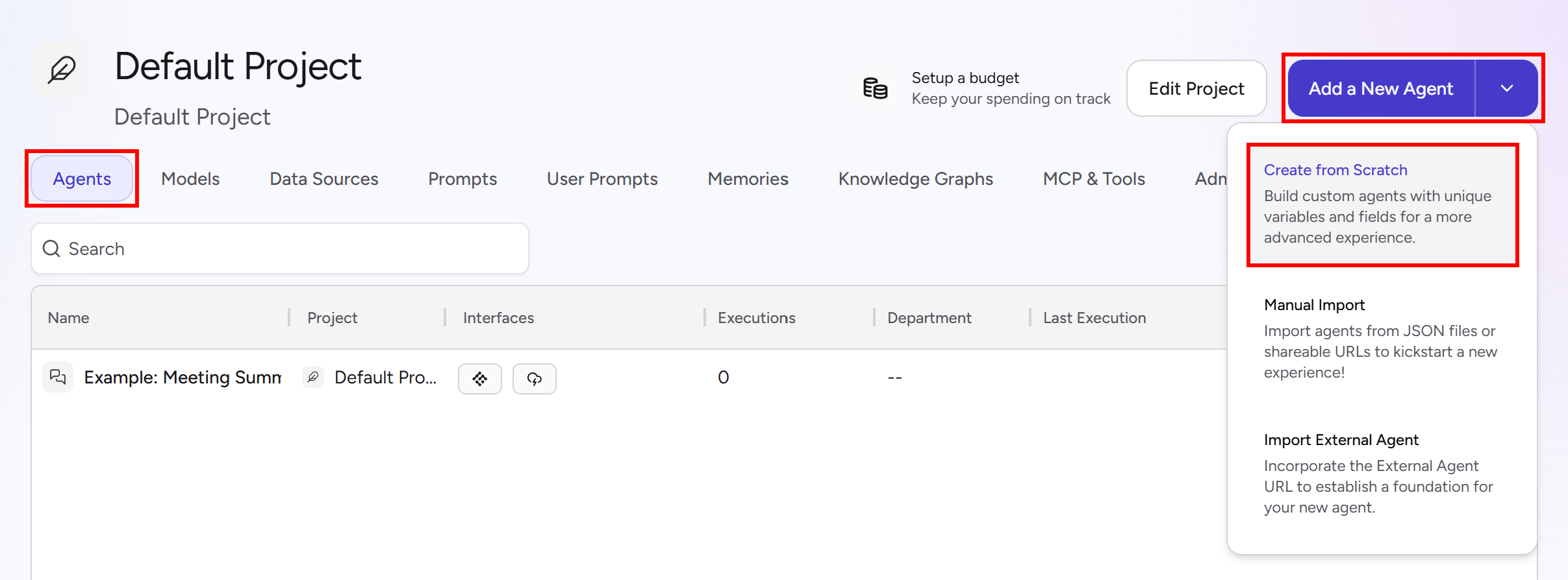 点击 “Add a New Agent > Create from Scratch” 按钮