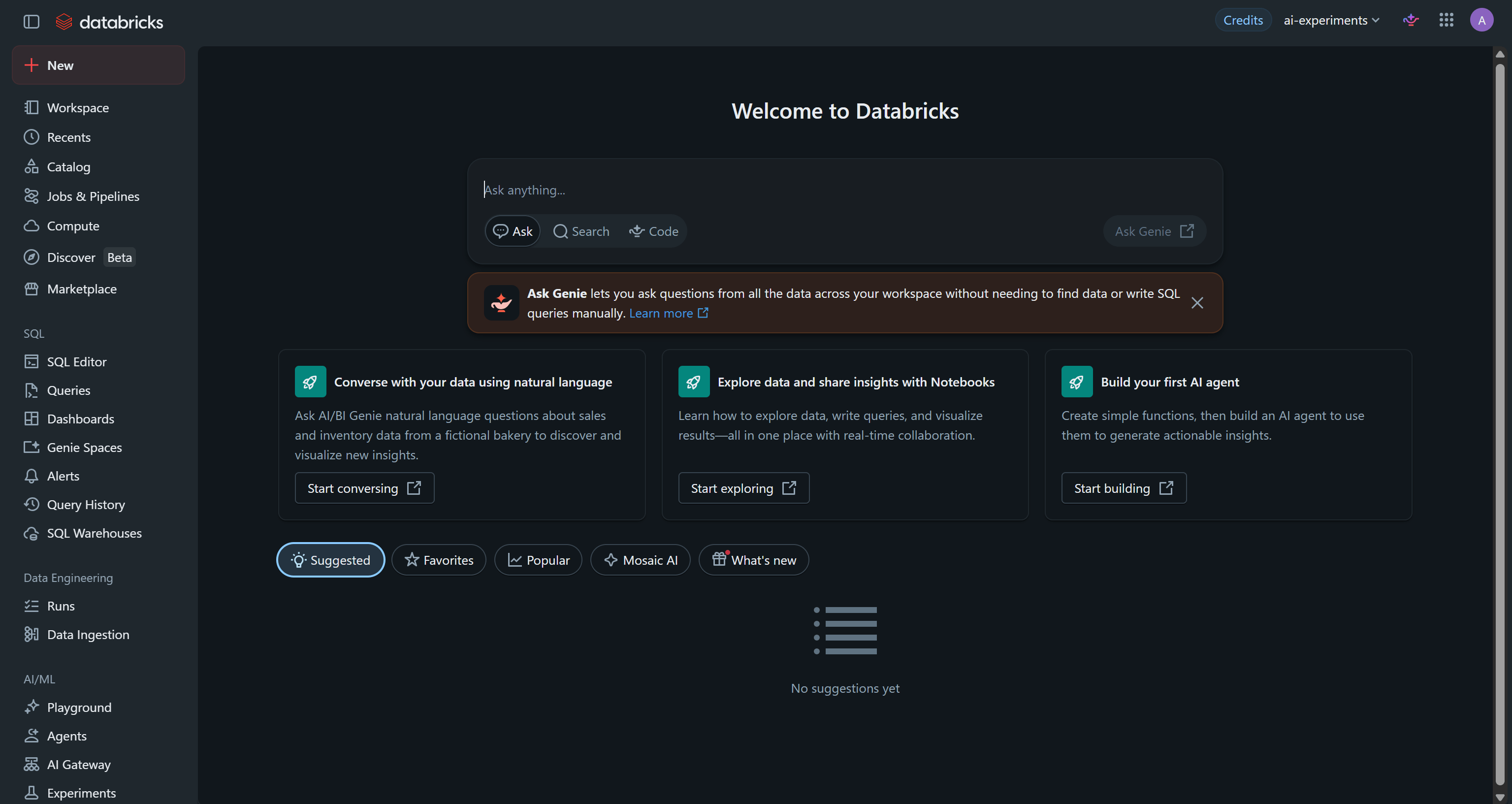 Databricks 主页工作区控制面板