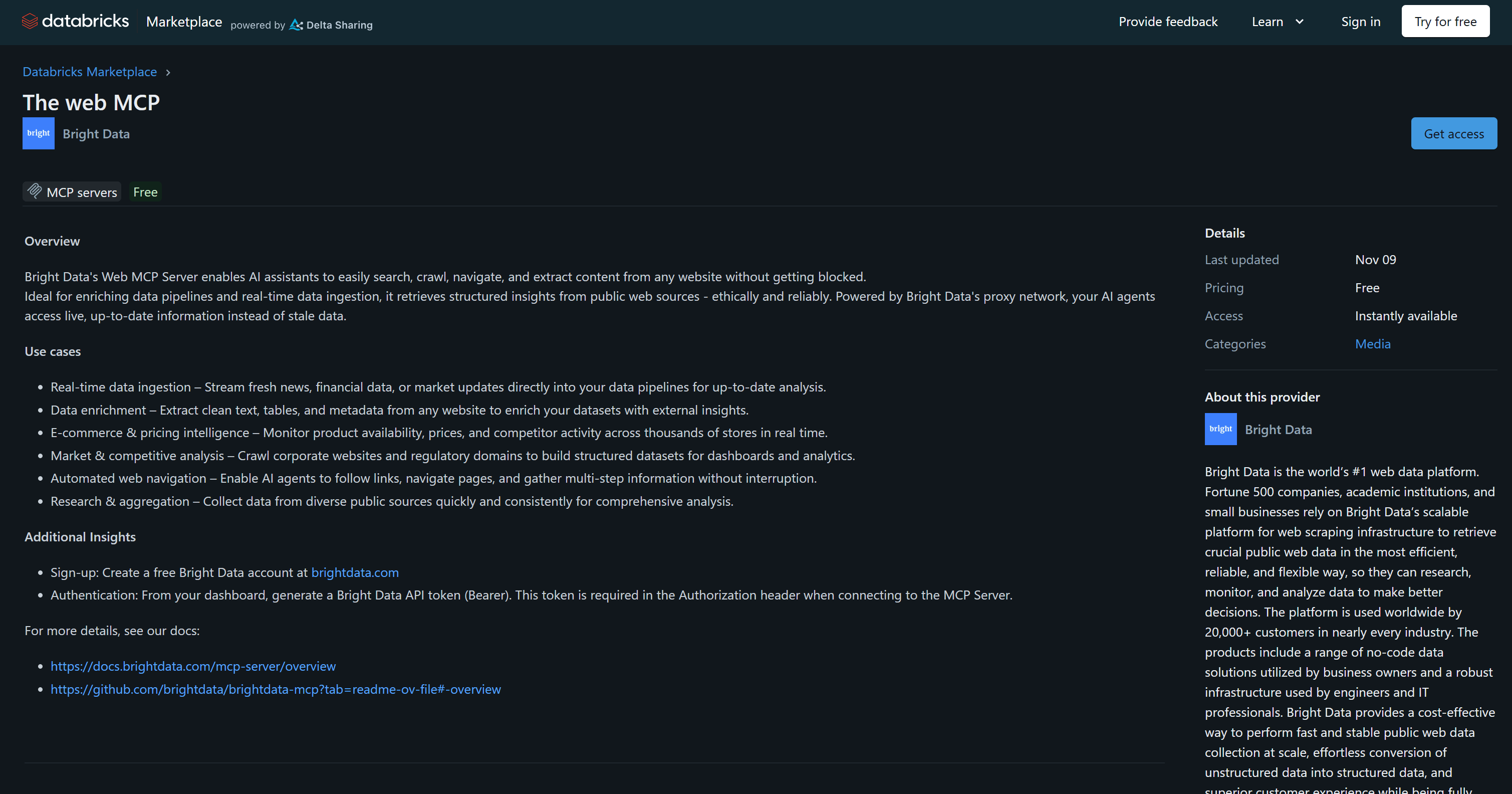 Databricks Marketplace 中的 Bright Data Web MCP