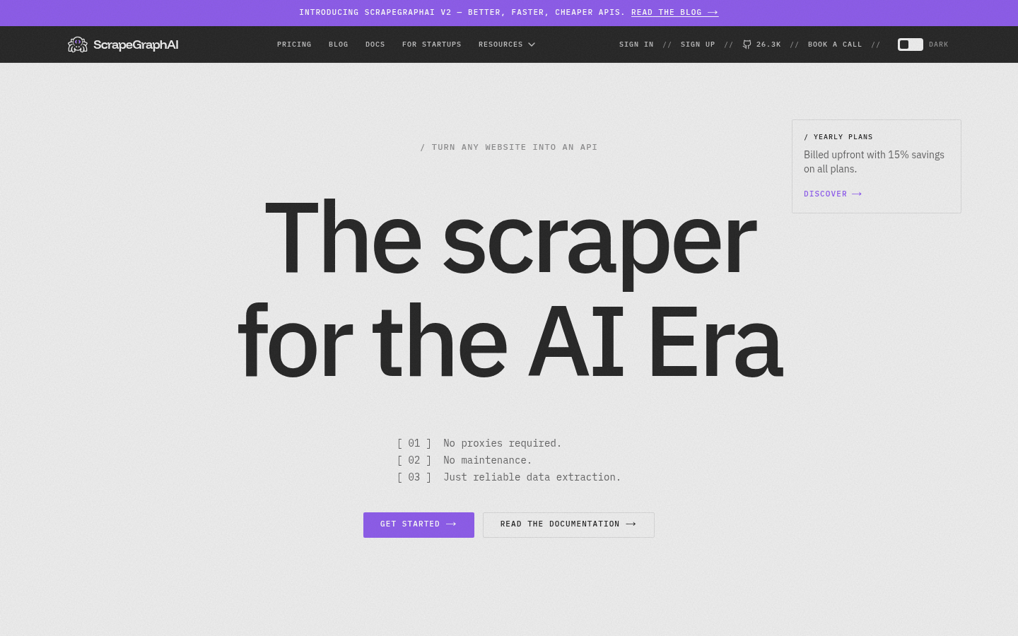 ScrapeGraphAI 主页截图,展示其 AI 原生网页抓取 API 和开源库。