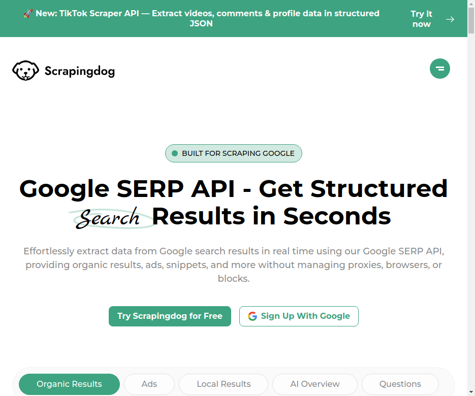 Scrapingdog Google 搜索引擎 API 页面