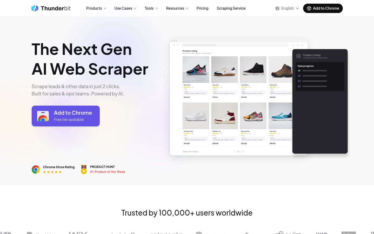 Thunderbit AI 网页抓取 Chrome 扩展主页截图,展示其一键抓取界面和功能。