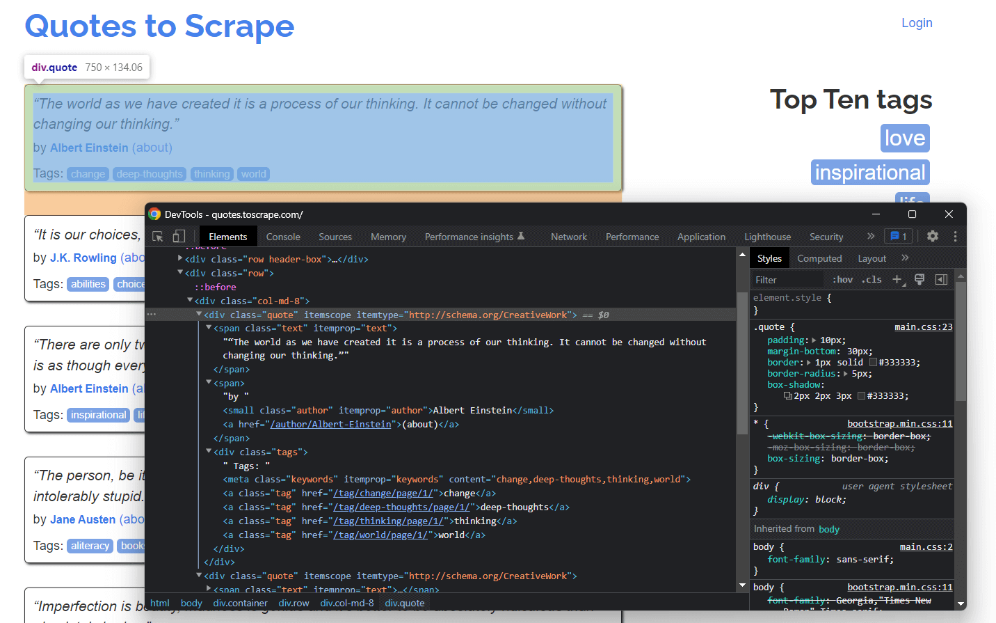 在 Chrome DevTools 中检查引语 HTML 元素