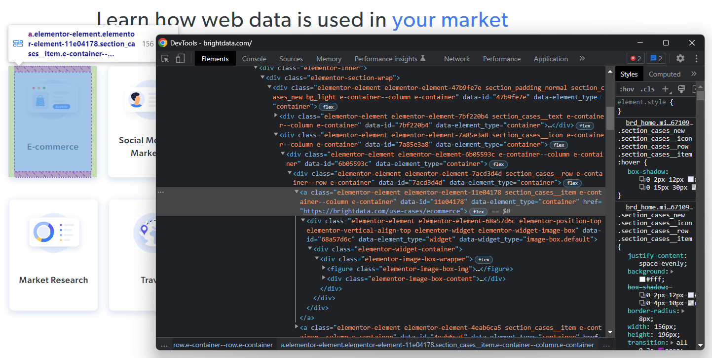 与目标 HTML 元素相关的 DevTools 窗口