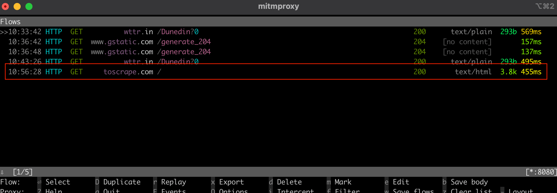 mitmproxy 窗口中对调用的拦截