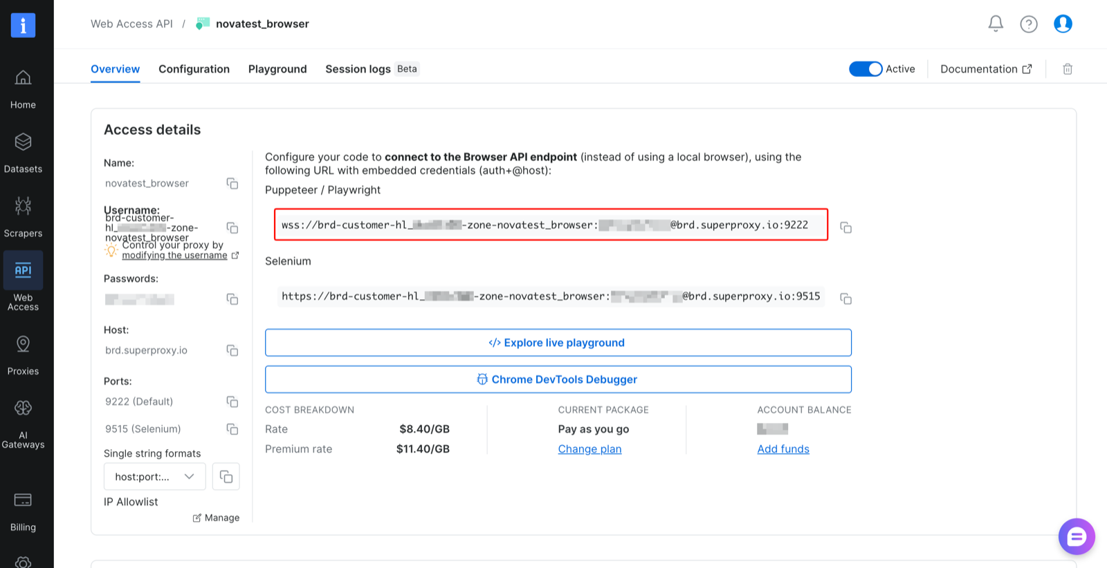 Bright Data Browser API 区域 Access details 面板，显示 wss:// 连接字符串和 IP Allowlist