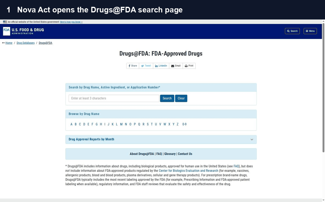 Nova Act 搜索 Drugs@FDA 网站并读取一条药品记录的动画屏幕录制