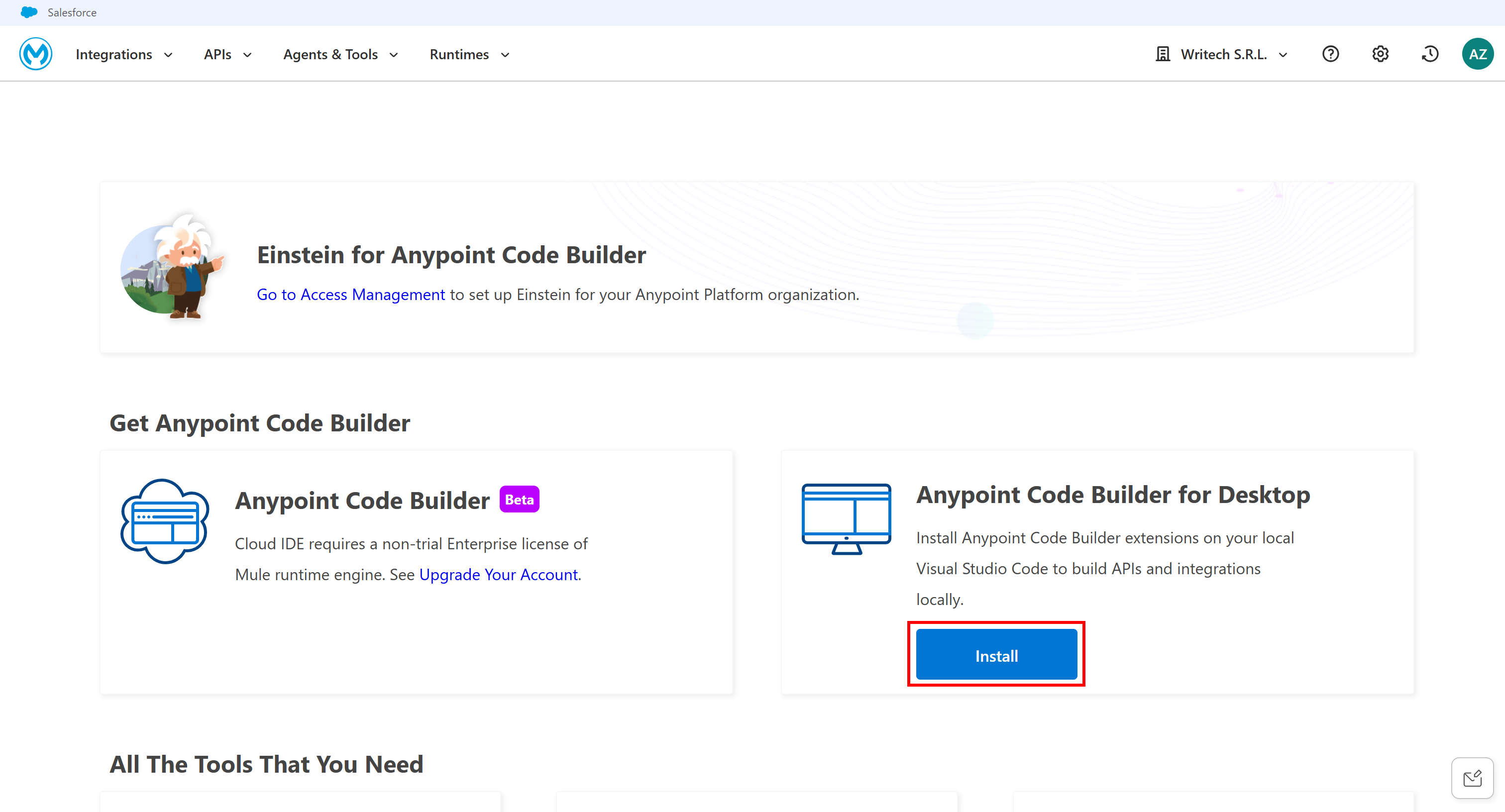 在 “Anypoint Code Builder for Desktop” 卡片中按下 “Install” 按钮
