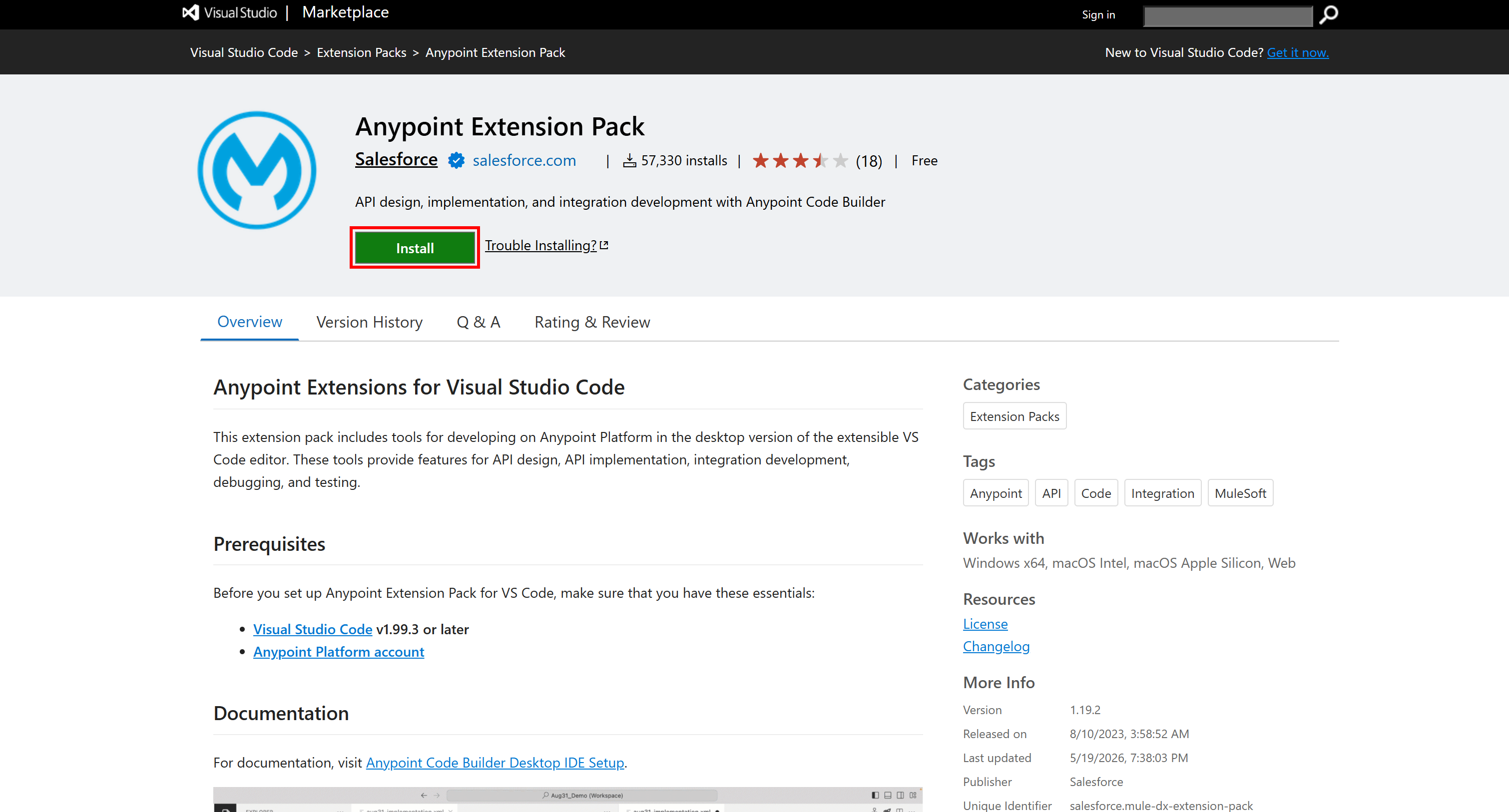 Visual Studio Code Marketplace 中的 “Anypoint Extension Pack” 页面