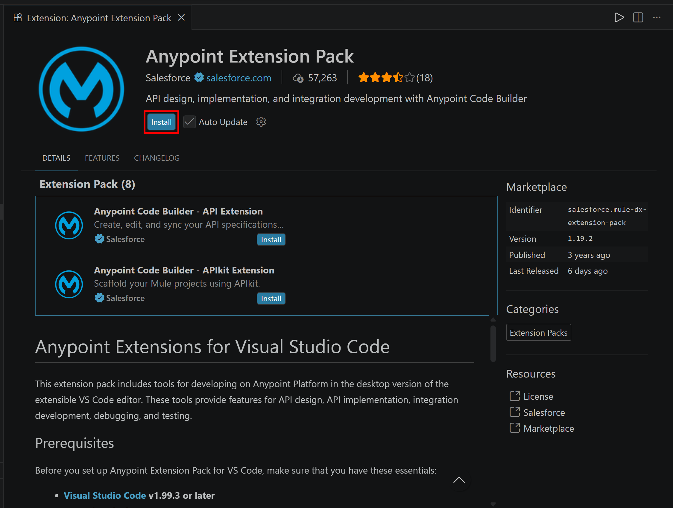在 Visual Studio Code 中安装 “Anypoint Extension Pack” 扩展