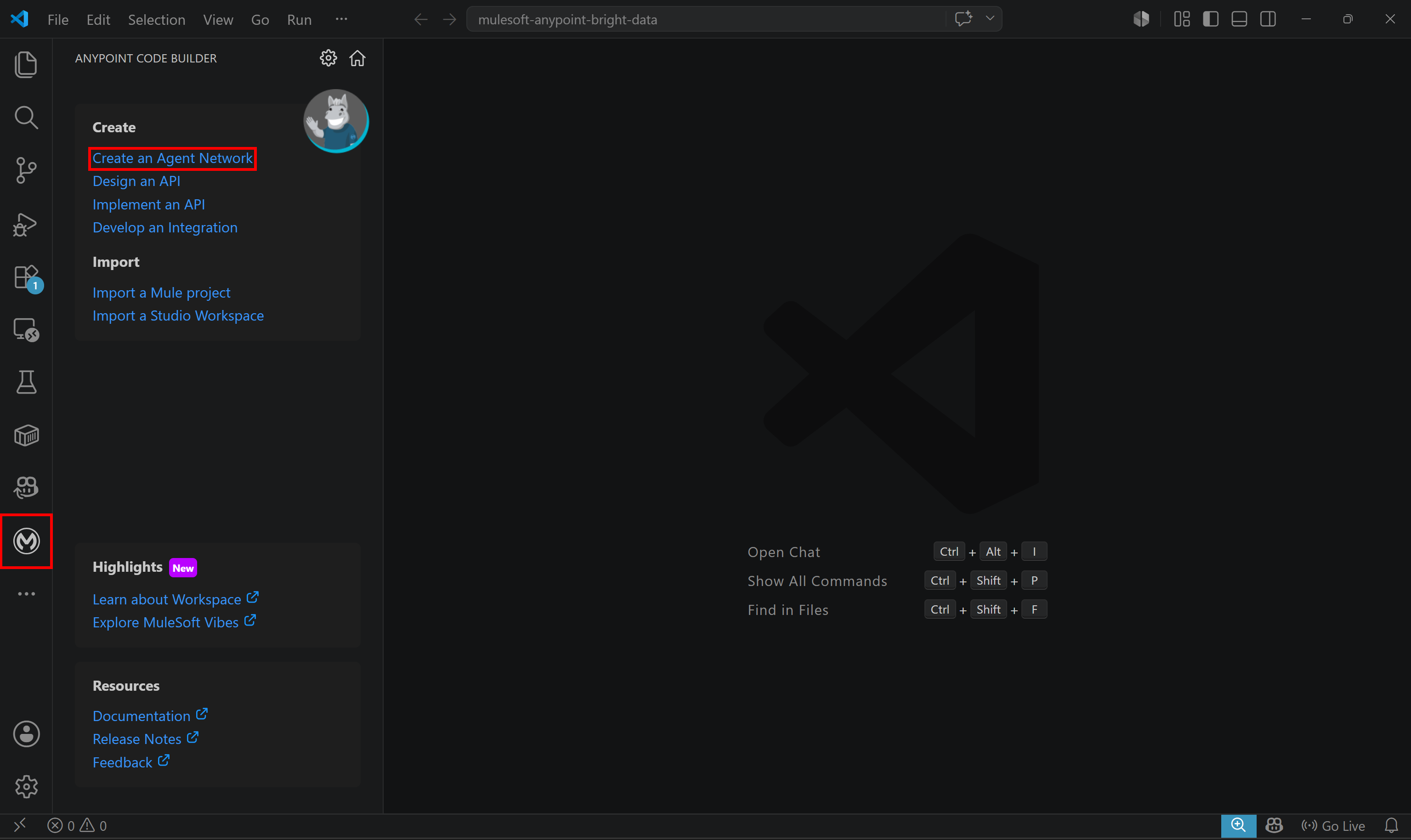 在 “Anypoint Code Builder” 扩展中按下 “Create an 智能体 Network” 链接