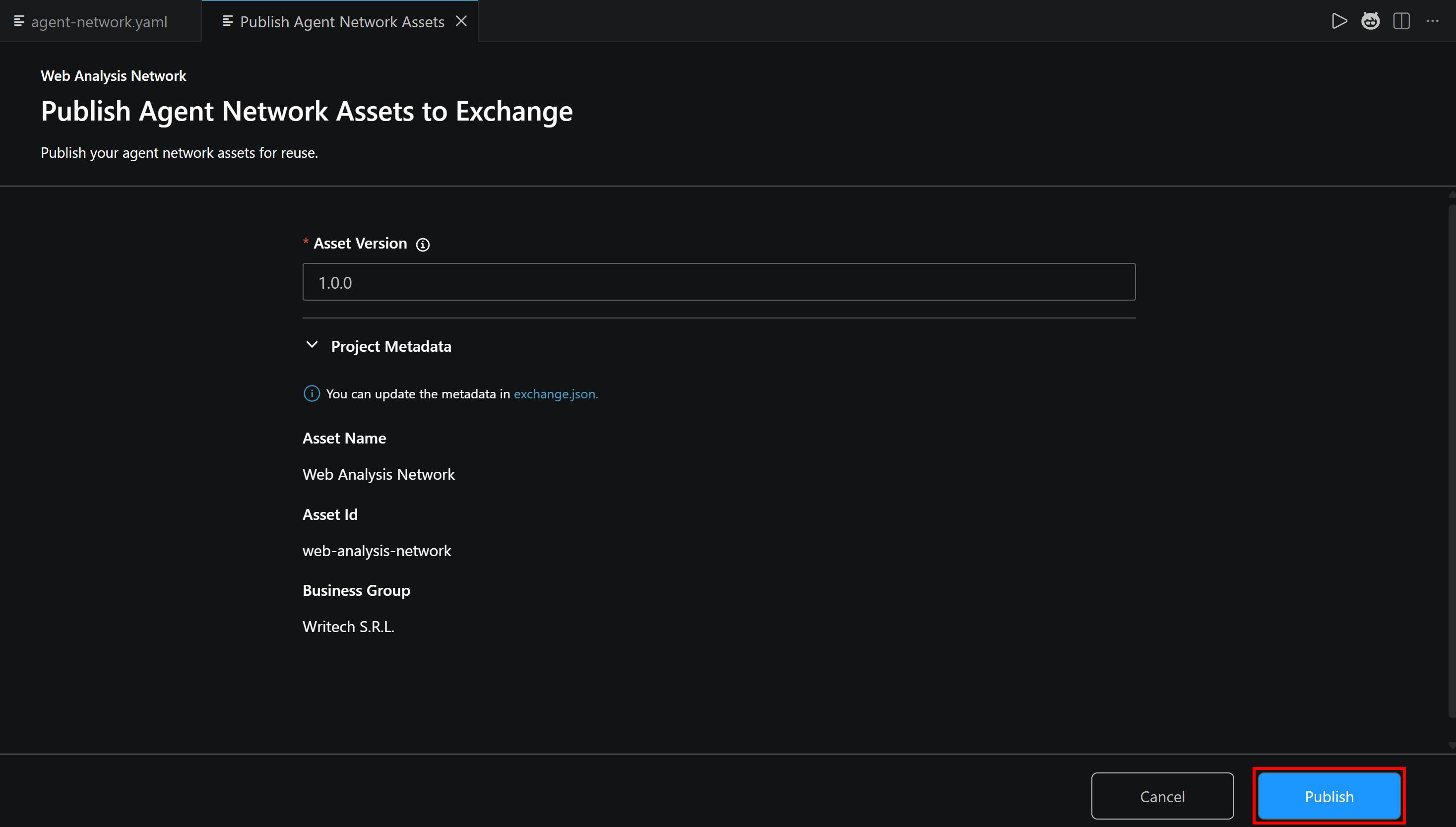 “Publish 智能体 Network Assets to Exchange” 表单