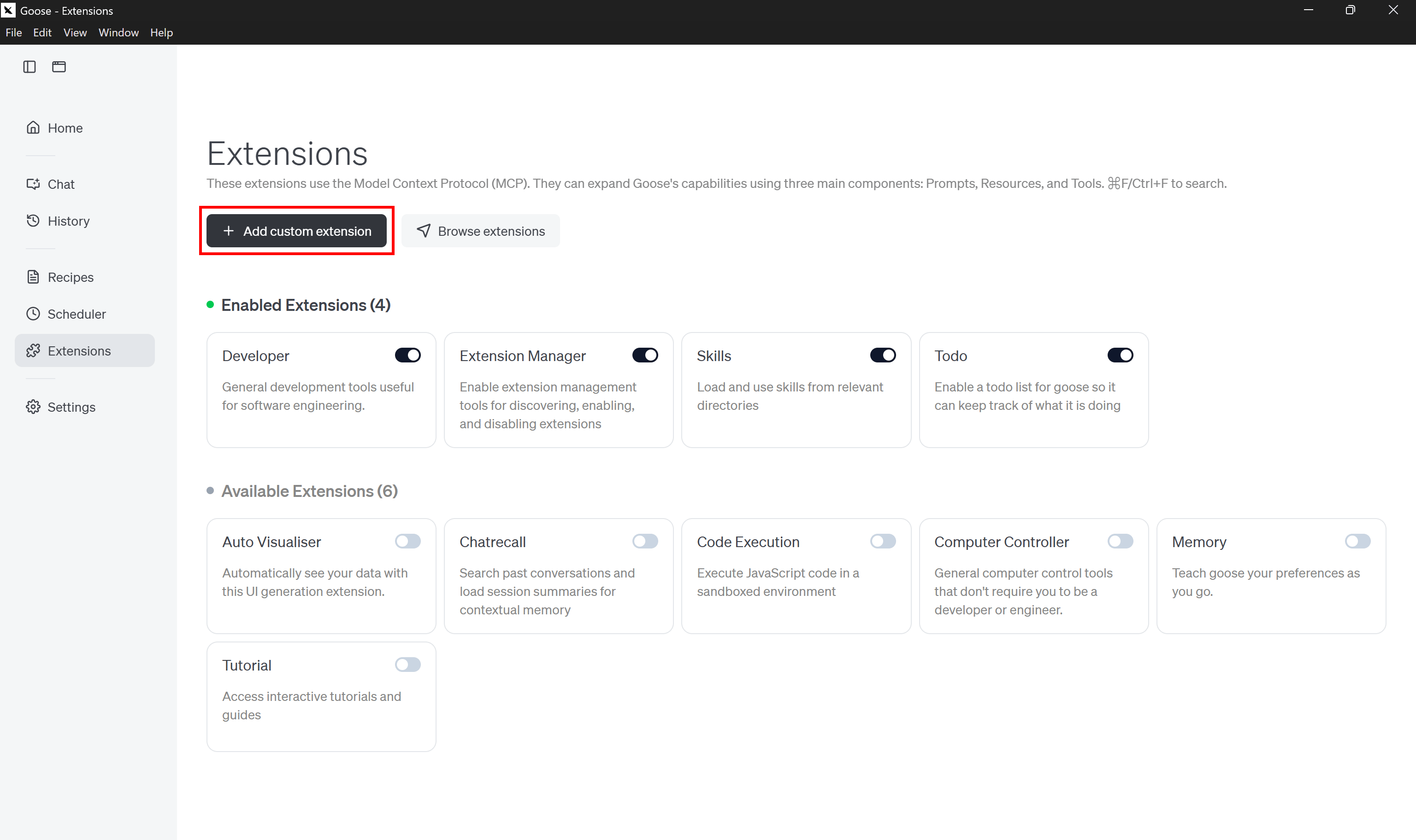 选择“Add custom extension”按钮