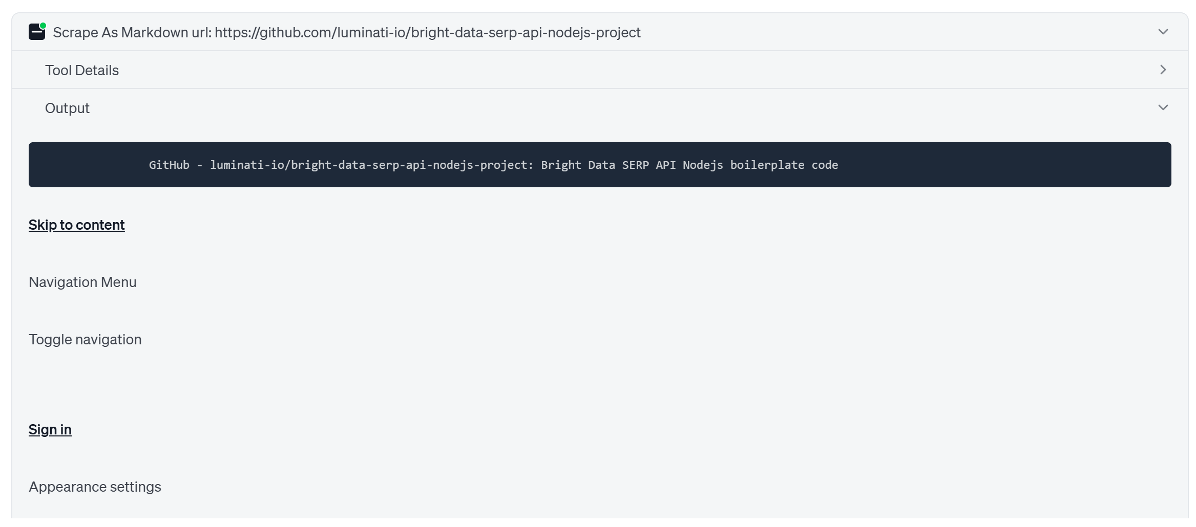 注意“抓取为 Markdown”工具的输出，它是目标页面的 Markdown 版本