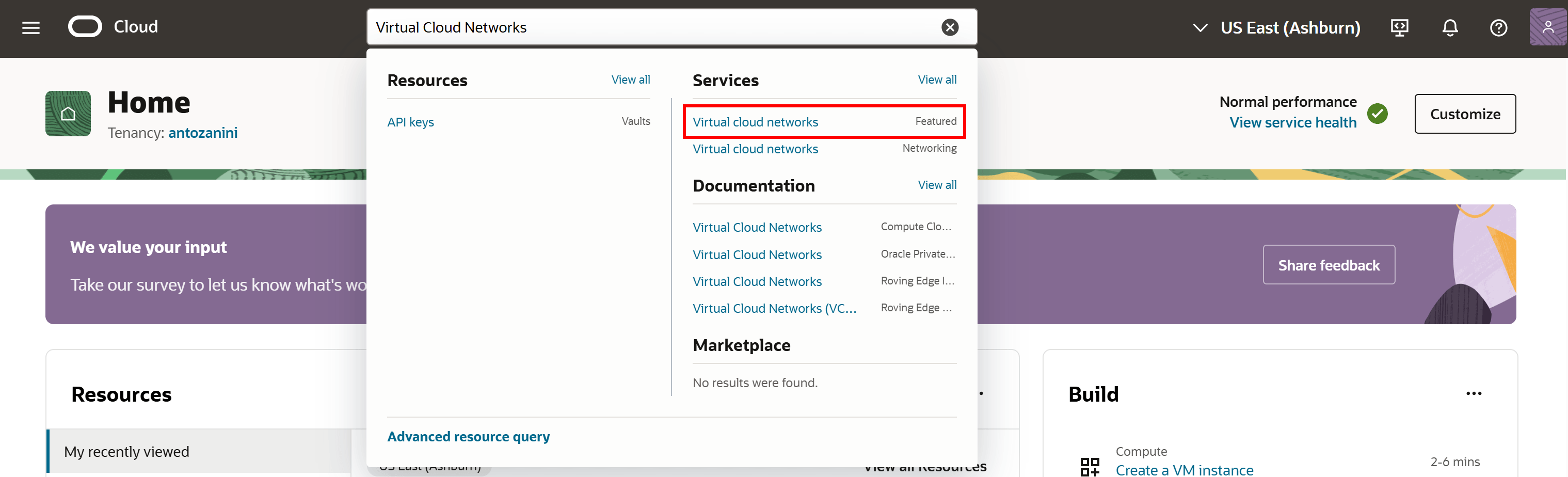 选择 “Virtual cloud networks” 服务