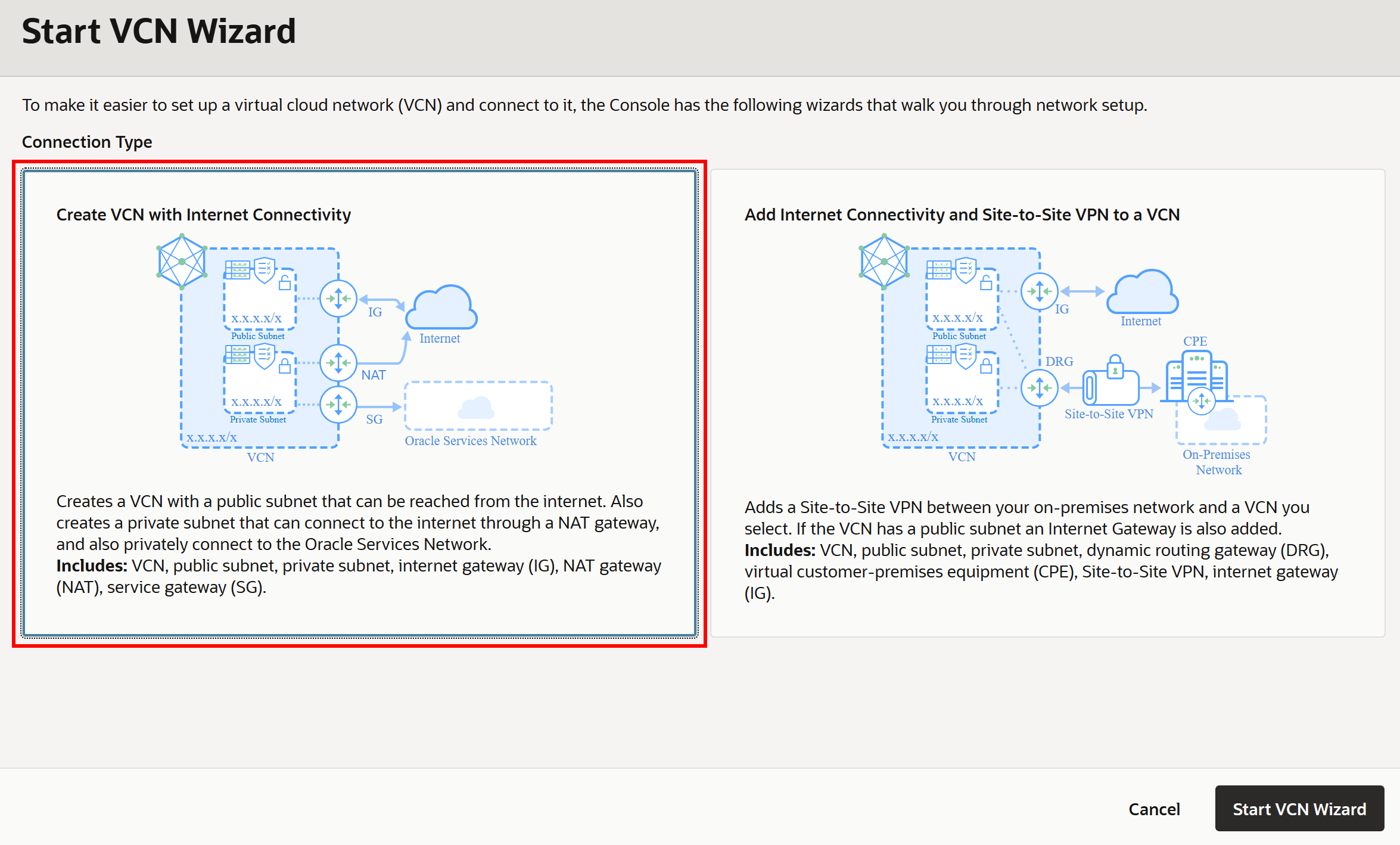 选择 “Create VCN with Internet Connectivity” 选项