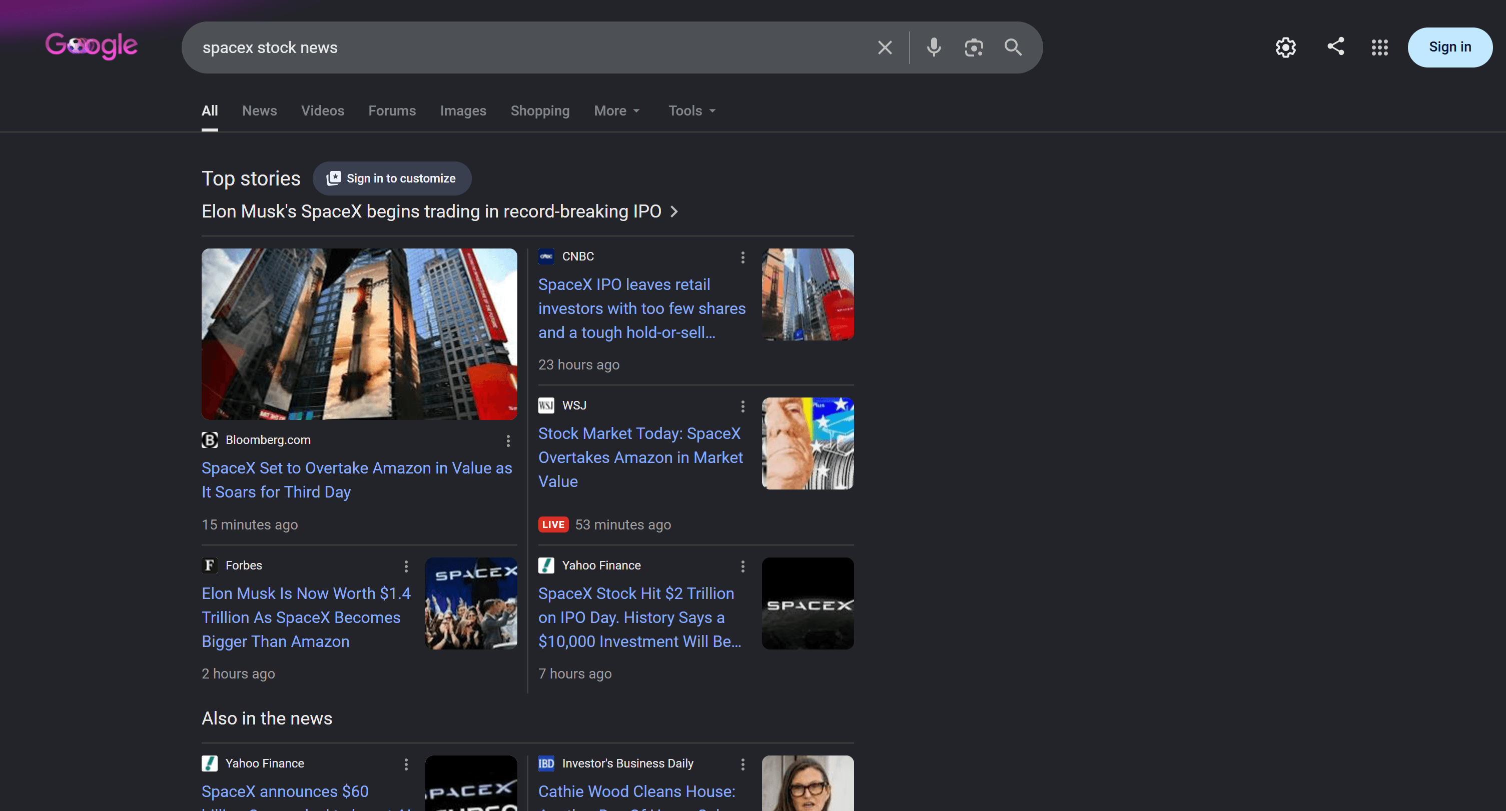 “SpaceX stock news” 搜索查询的 Google SERP