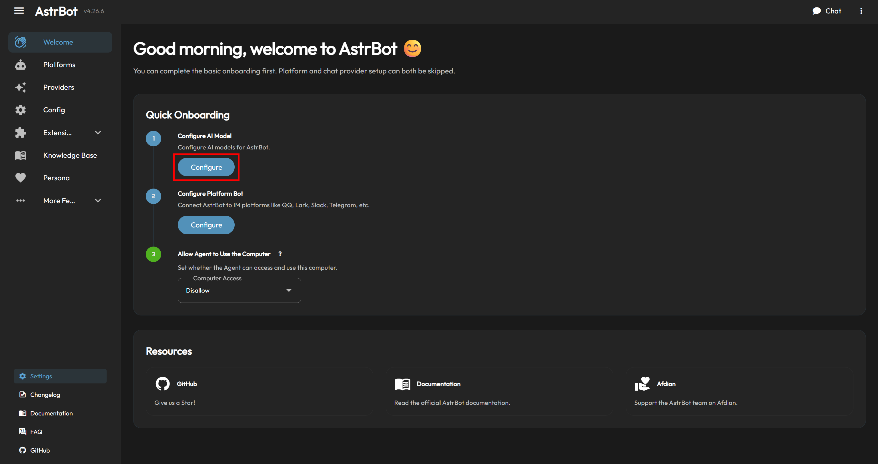 点击 “Configure AI Model” 部分中的 “Configure” 按钮