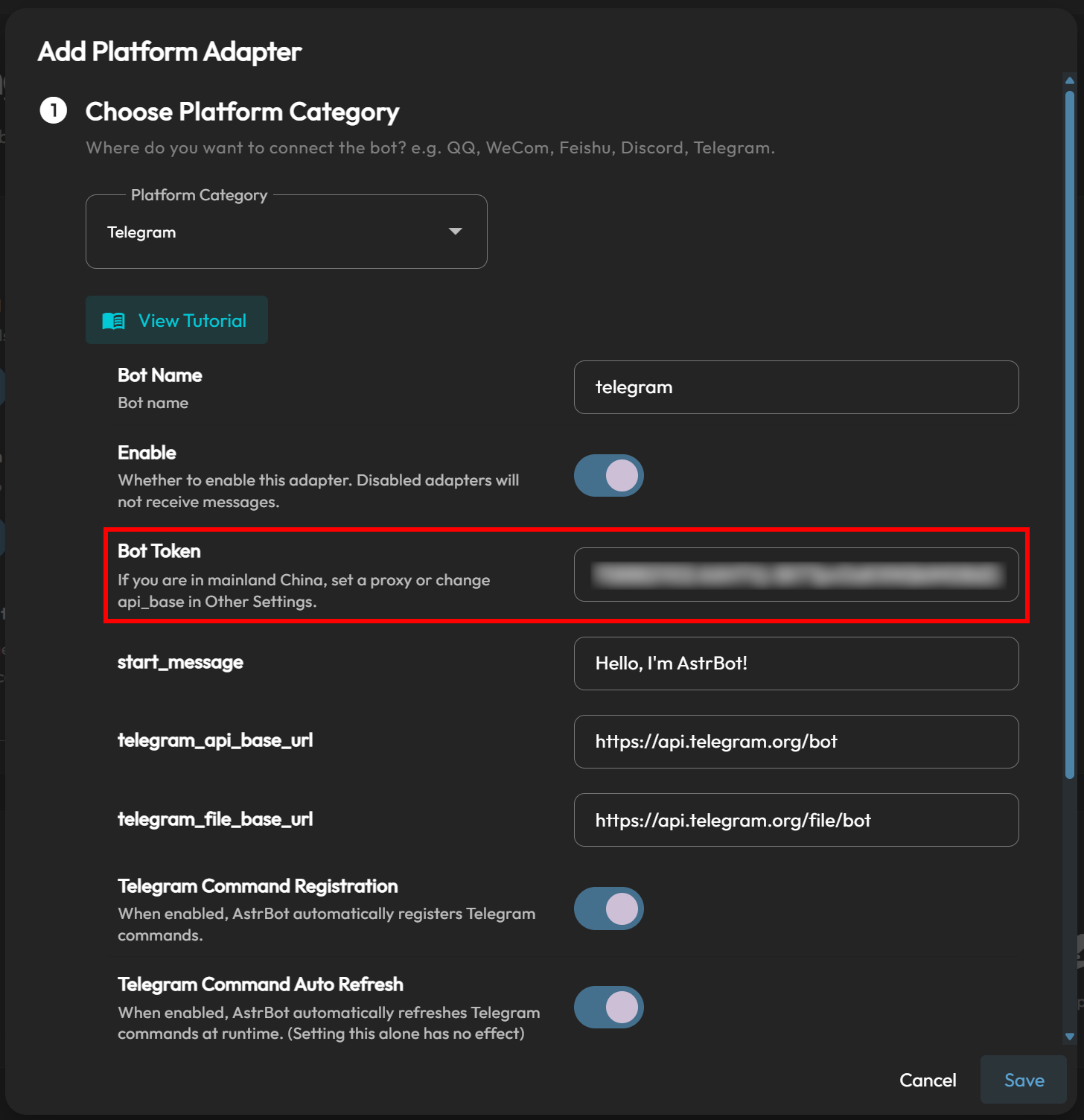 在 AstrBot 中配置你的 Telegram bot