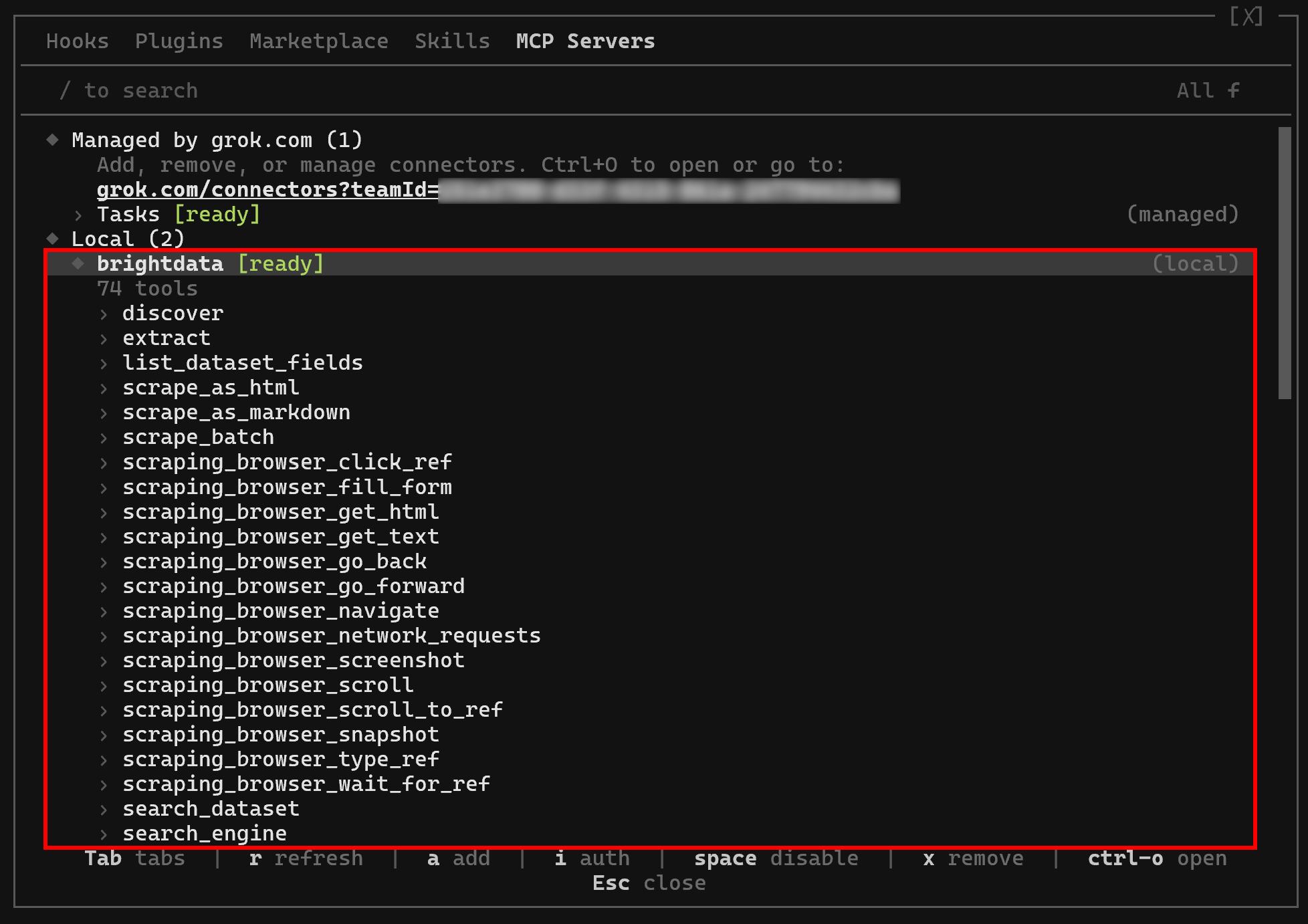 本地 Bright Data Web MCP 服务器向 Grok Build 暴露的工具
