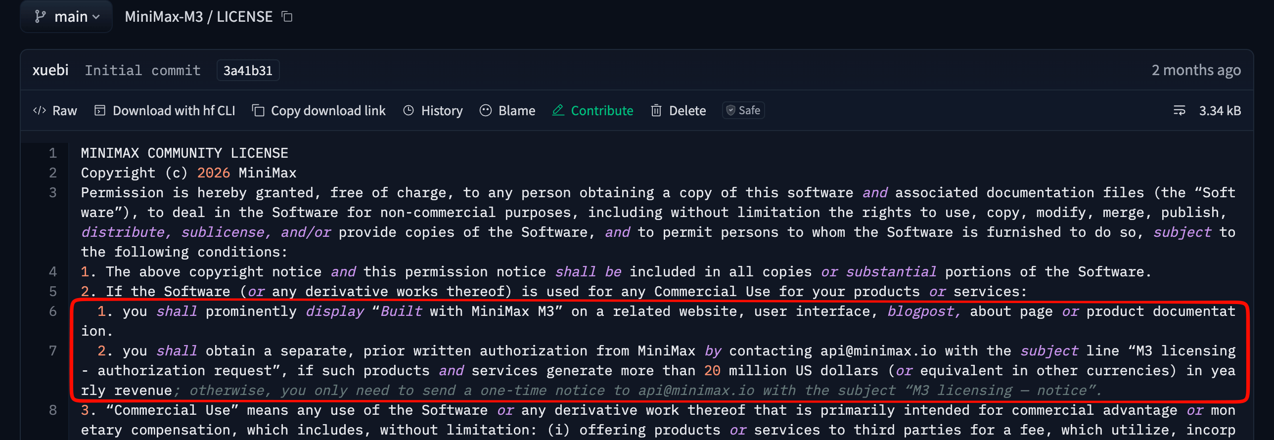 MiniMaxAI/MiniMax-M3 的 Hugging Face LICENSE 文件，其中商业使用条款用红框标出：要求提供 "Built with MiniMax M3" 署名，年收入超过 $20M 需获得书面授权，否则需向 MiniMax 发送一次性通知。