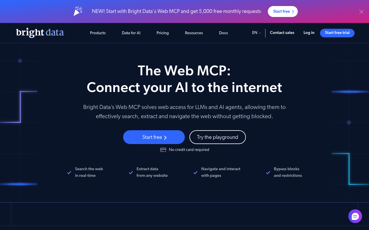 Bright Data MCP 着陆页，介绍面向 AI 智能体的搜索、提取和导航功能