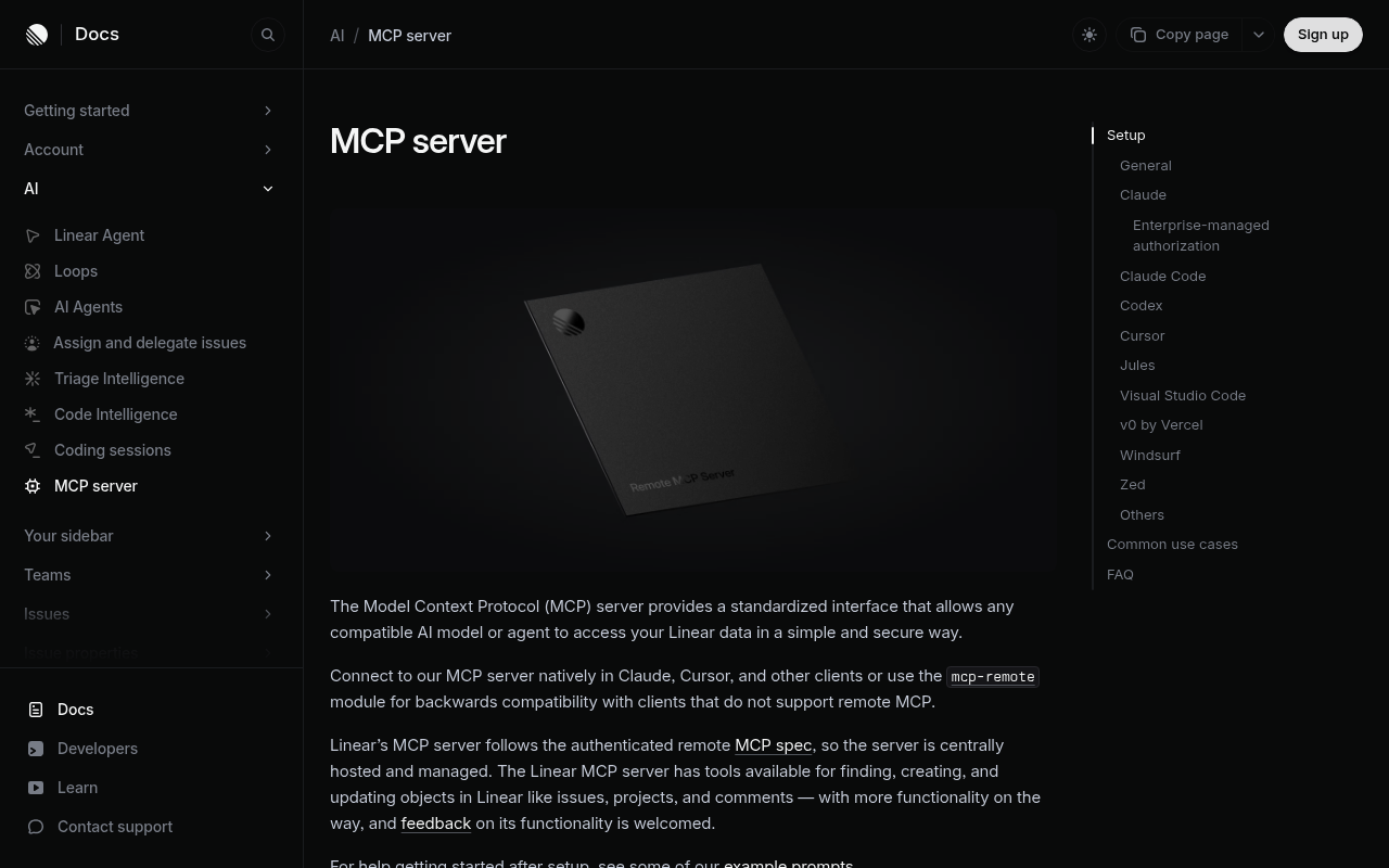 Linear MCP 文档，展示 Claude Code 命令和只读端点