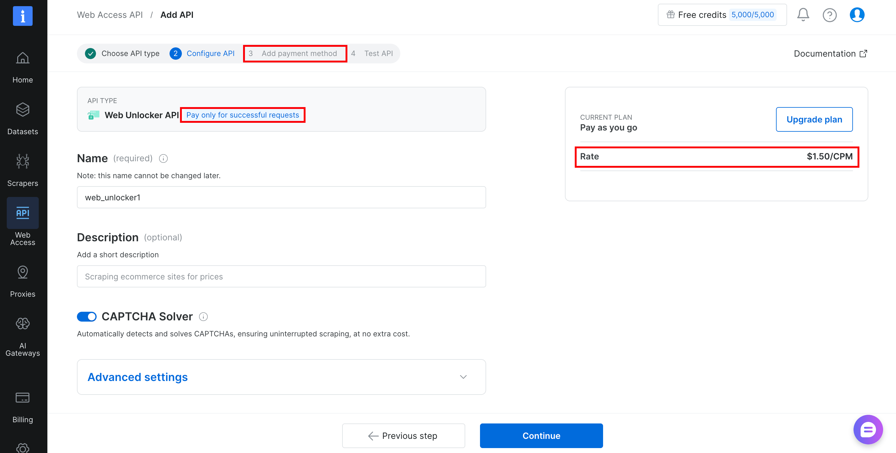 Bright Data Add API 向导的第 2/4 步，有 3 项用红框标出：向导第 3 步，"Add payment method"；网络解锁器 API 旁边的 "Pay only for successful requests" 标签；以及右侧 $1.50/CPM 的按量付费费率。Name 字段已预填 web_unlocker1，验证码破解已开启。