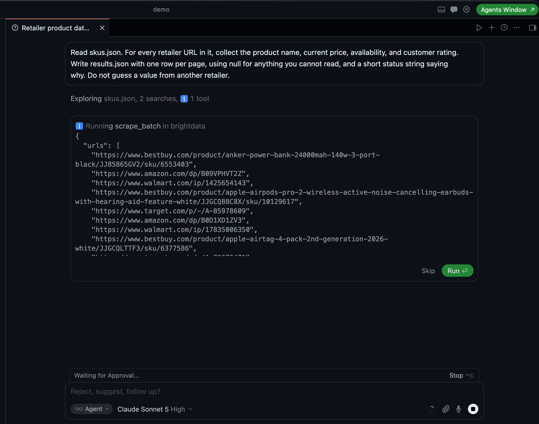 Cursor Composer 在冻结的零售商 URL 列表上调用 Bright Data 的 scrape_batch,并在请求离开本机前停留在审批关卡。