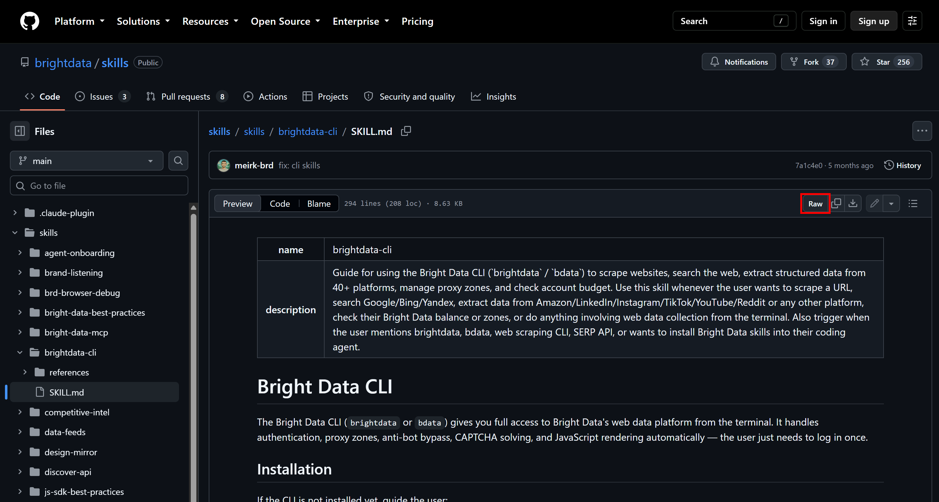 在 GitHUb 上访问“brightdata-cli”技能页面的原始版本