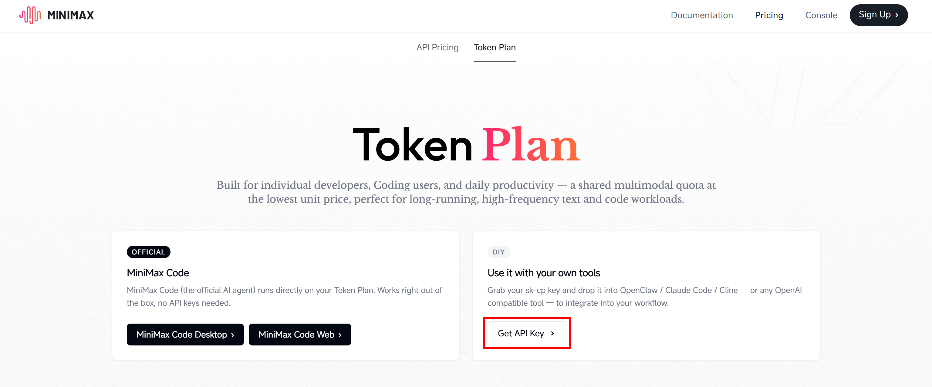 点击“Get API Key”按钮获取你的 MiniMax API 密钥