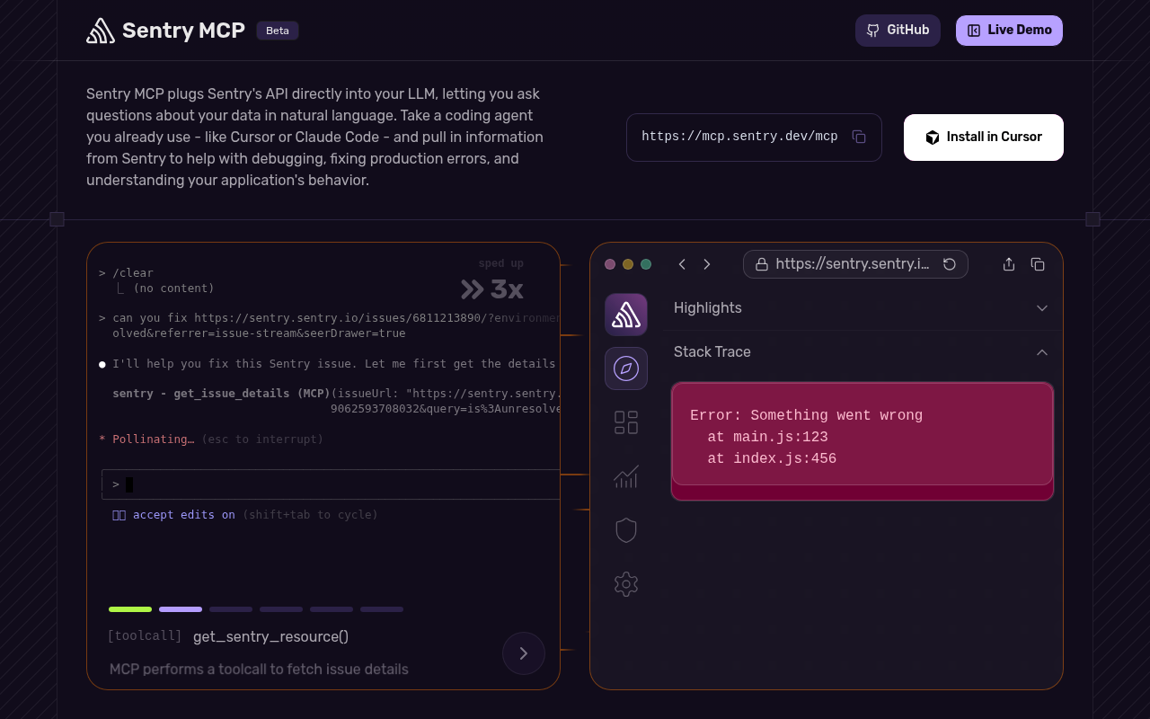 Sentry MCP 服务器页面，展示端点 URL，以及读取实时问题的 Claude Code 会话