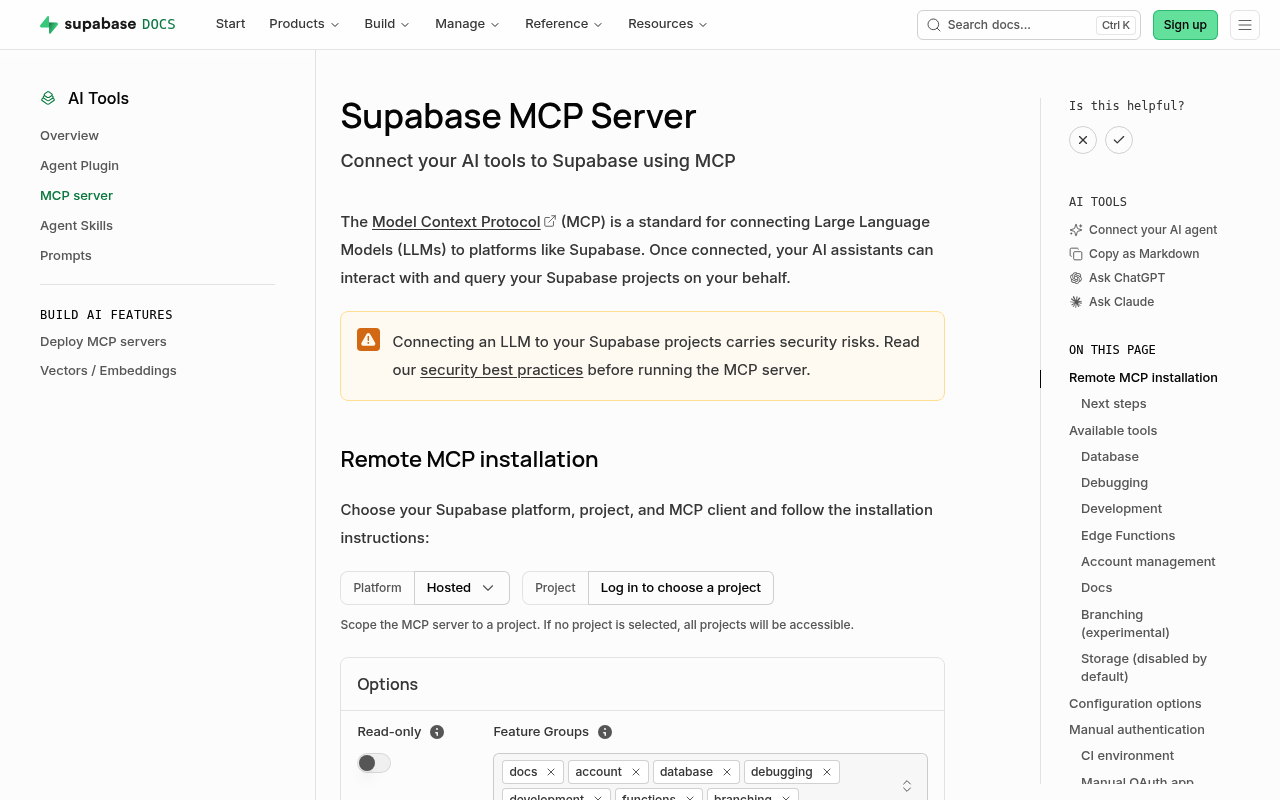 Supabase MCP 文档，展示 Claude Code 安装命令和功能分组