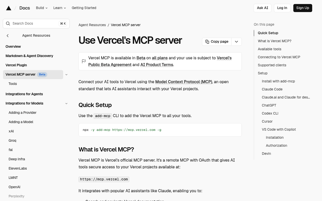 Vercel MCP 文档，展示远程服务器 URL 和可用工具类别