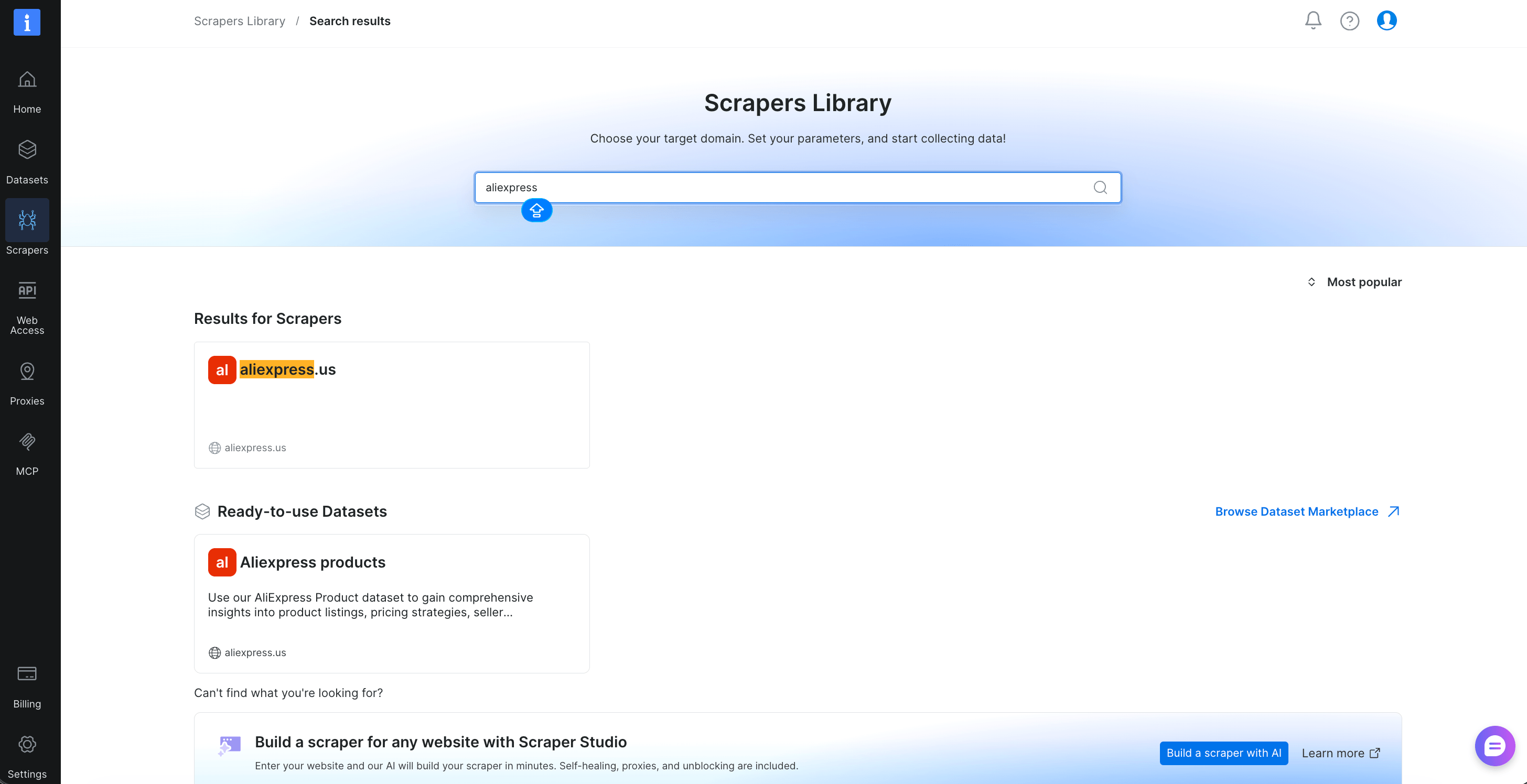 Bright Data 爬虫工具 Library 中“aliexpress”的搜索结果,在 Results for 抓取工具下列出 aliexpress.us 域名和名为“Aliexpress products”的即用型数据集;下方是爬虫工具 Studio 面板,标题为“Build a 抓取工具 for any website with 爬虫 Studio”