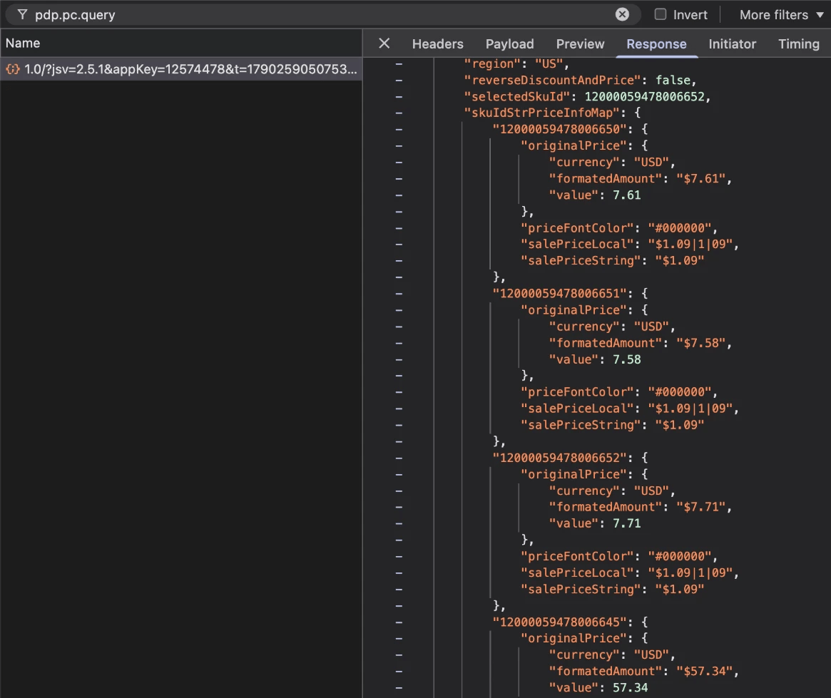 Chrome DevTools 中 pdp.pc.query 请求的 Response 标签页,显示 region US、selectedSkuId 12000059478006652,以及 skuIdStrPriceInfoMap;其前三个条目均为 1 件装,标价分别为 $7.61、$7.58 和 $7.71,促销价均为 $1.09,之后是标价 $57.34 的 10 件装条目