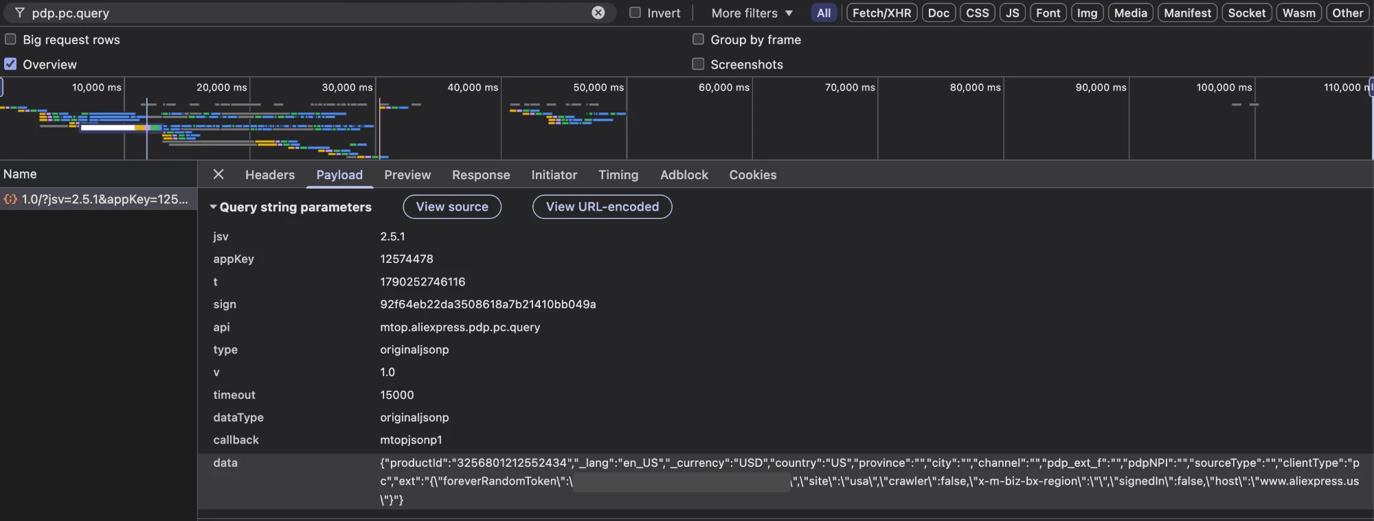 Chrome DevTools Network 面板已筛选 pdp.pc.query,并显示对 mtop.aliexpress.pdp.pc.query 请求的 Payload 标签页,其中列出 jsv 2.5.1、appKey 12574478、一个 13 位的 t、一个 32 字符的 sign、值为 originaljsonp 的 type 和 dataType、timeout 15000、callback mtopjsonp1,以及包含 productId 3256801212552434 和 ext 块的 data 对象,其中一个 token 值已被遮盖