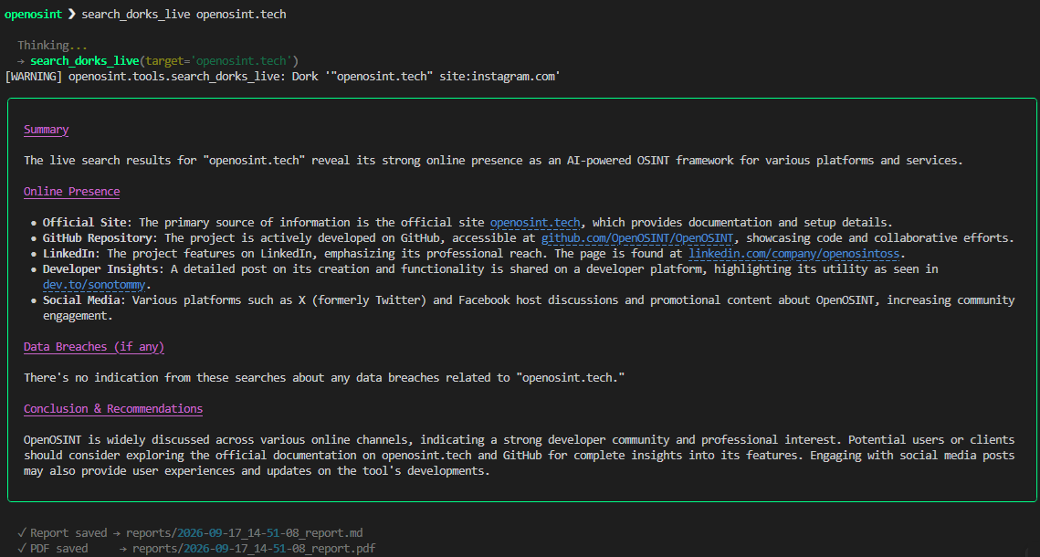 通过 REPL 将 OpenOSINT 与 Bright Data 结合使用的结果
